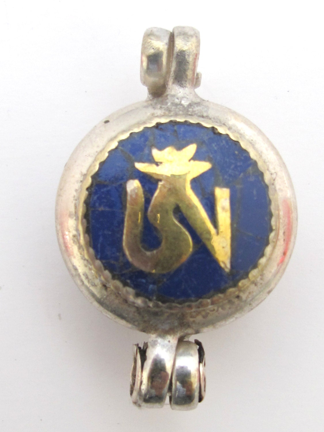 Tibetan silver Lapis inlaid Ghau prayer box Om and endless knot reversible pendant - PM181E