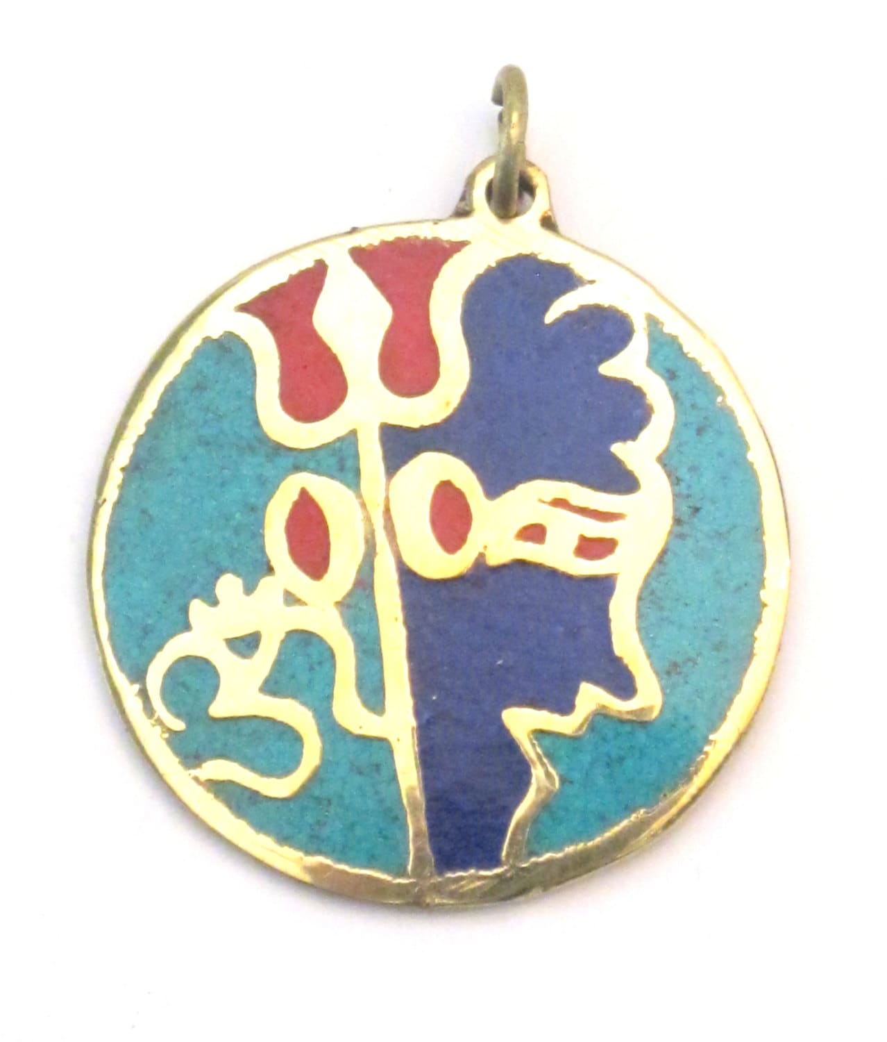 Hindu Lord Shiva symbol trident om brass pendant with lapis , turquoise and coral inlay - PM185B