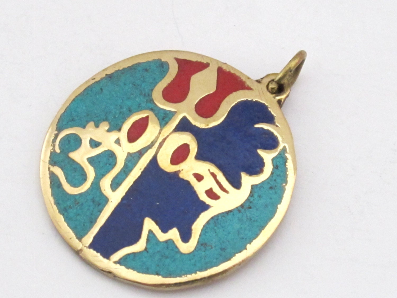 Hindu Lord Shiva symbol trident om brass pendant with lapis , turquoise and coral inlay - PM185B