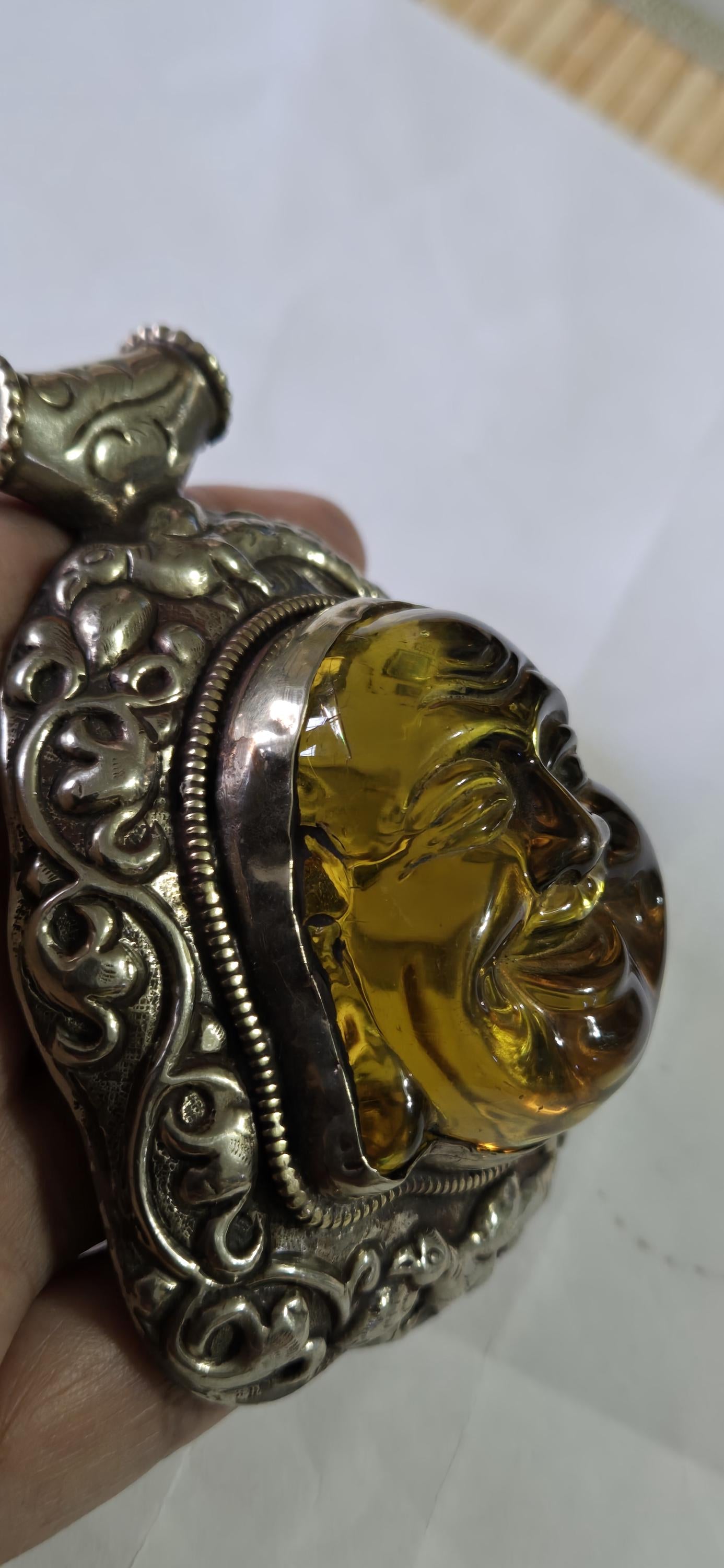 Gorgeous Statement Pendant Tibetan silver happy buddha face resin pendant with floral bird repousse PM405G