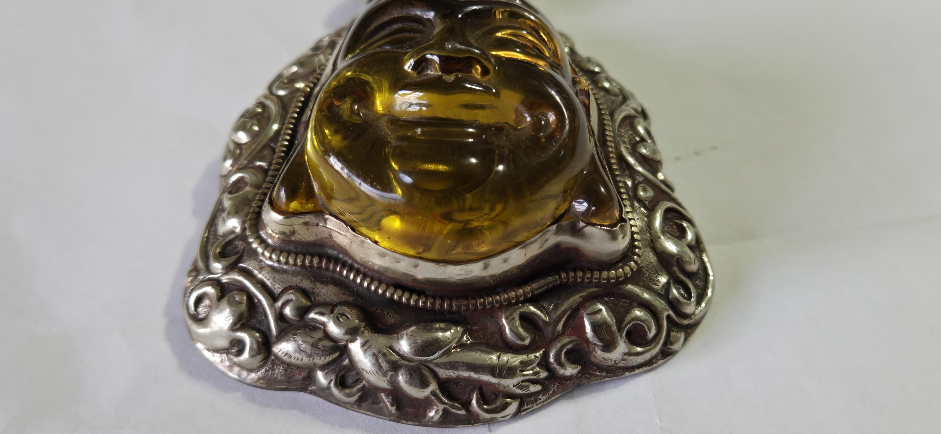 Gorgeous Statement Pendant Tibetan silver happy buddha face resin pendant with floral bird repousse PM405G