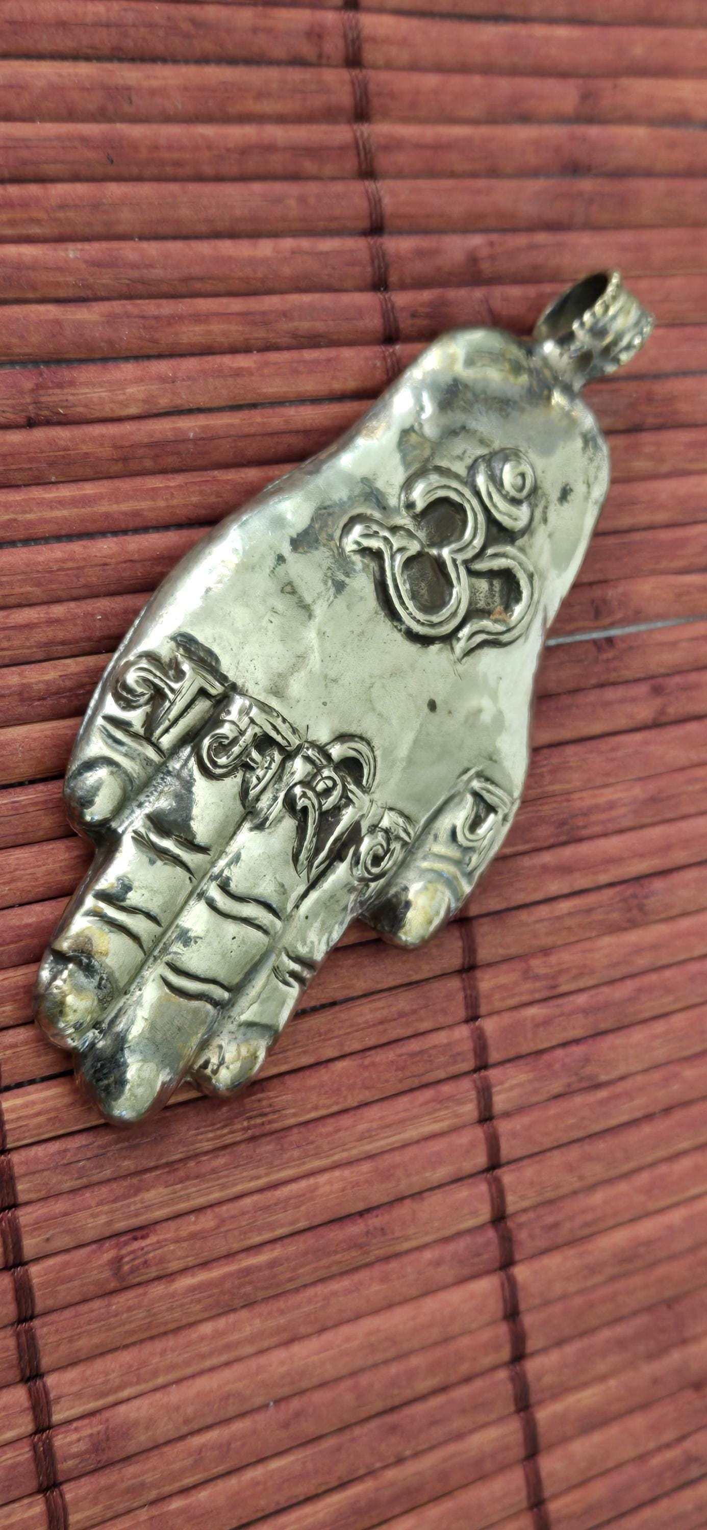 OOAK - Large Tibetan antiqued silver finish holy mantra Om namah shivay inscribed hand pendant floral carving reverse side from Nepal PM339G