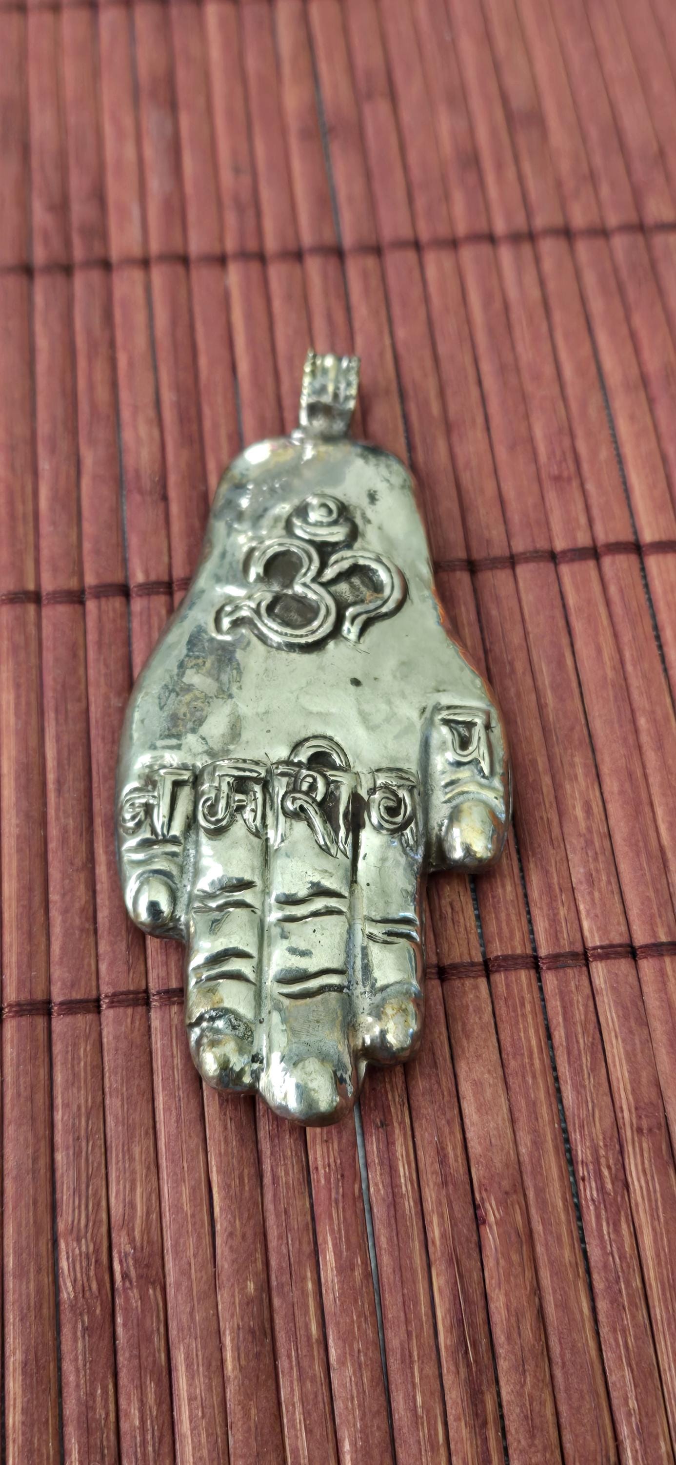 OOAK - Large Tibetan antiqued silver finish holy mantra Om namah shivay inscribed hand pendant floral carving reverse side from Nepal PM339G