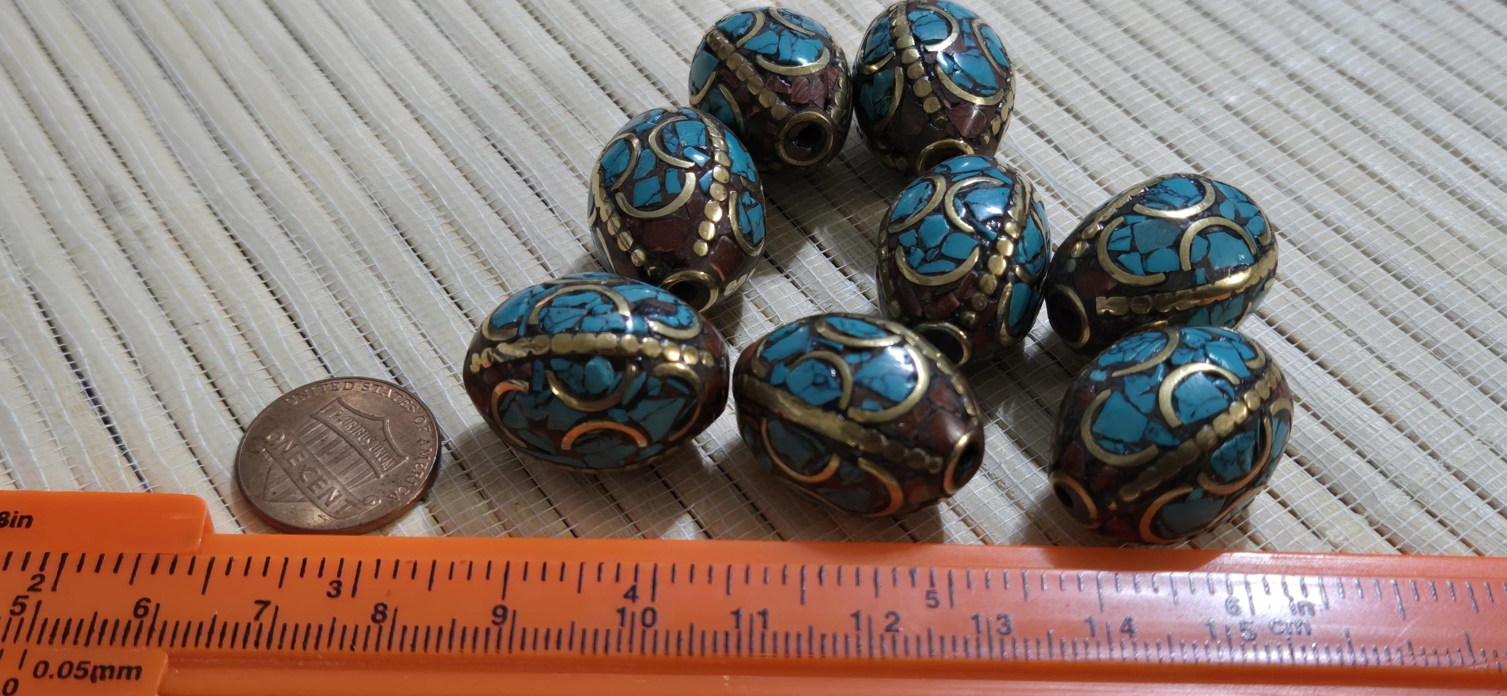 2 Beads - Large 20 mm x 16 mm size Oval shape Tibetan brass beads with turquoise inlay ethnic nepal beads inlaid beads - BD399
