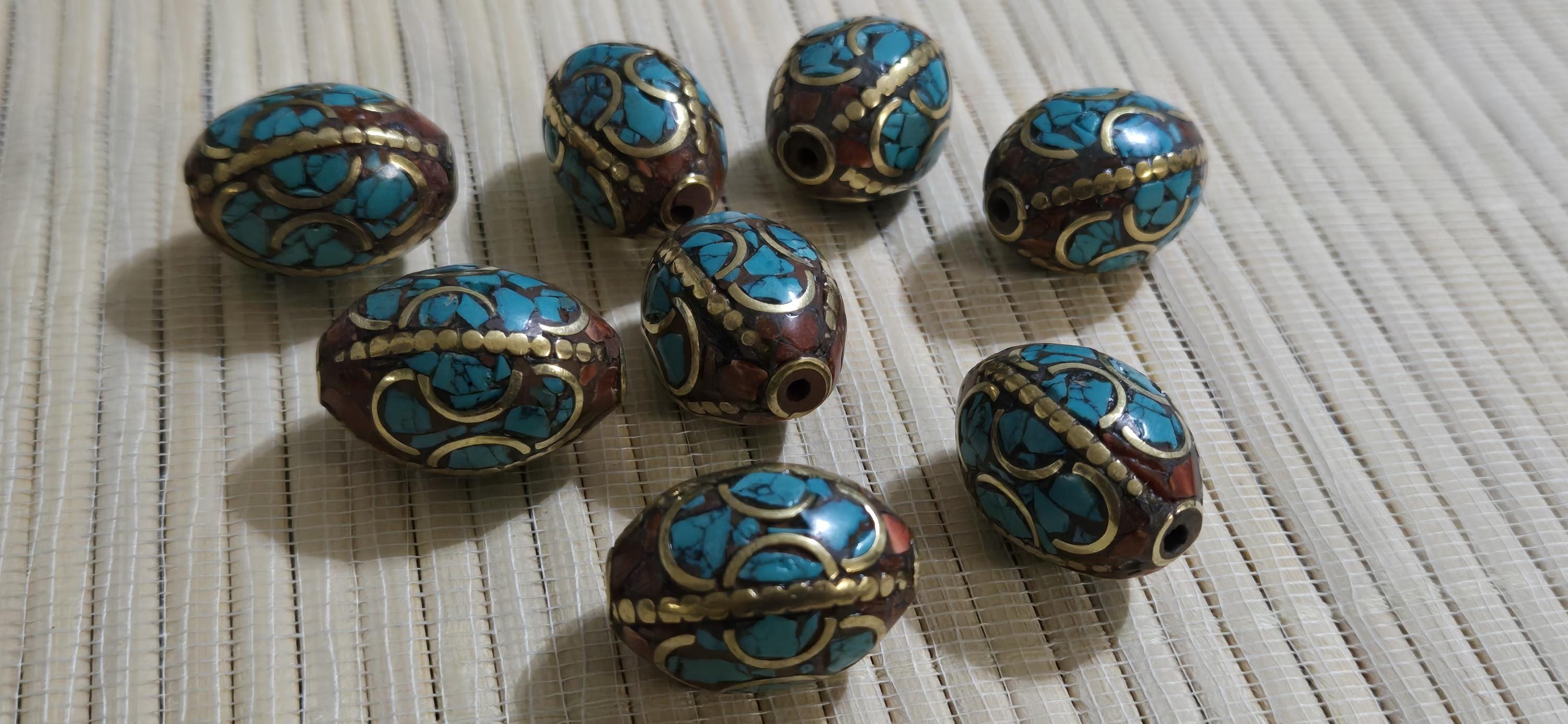 2 Beads - Large 20 mm x 16 mm size Oval shape Tibetan brass beads with turquoise inlay ethnic nepal beads inlaid beads - BD399