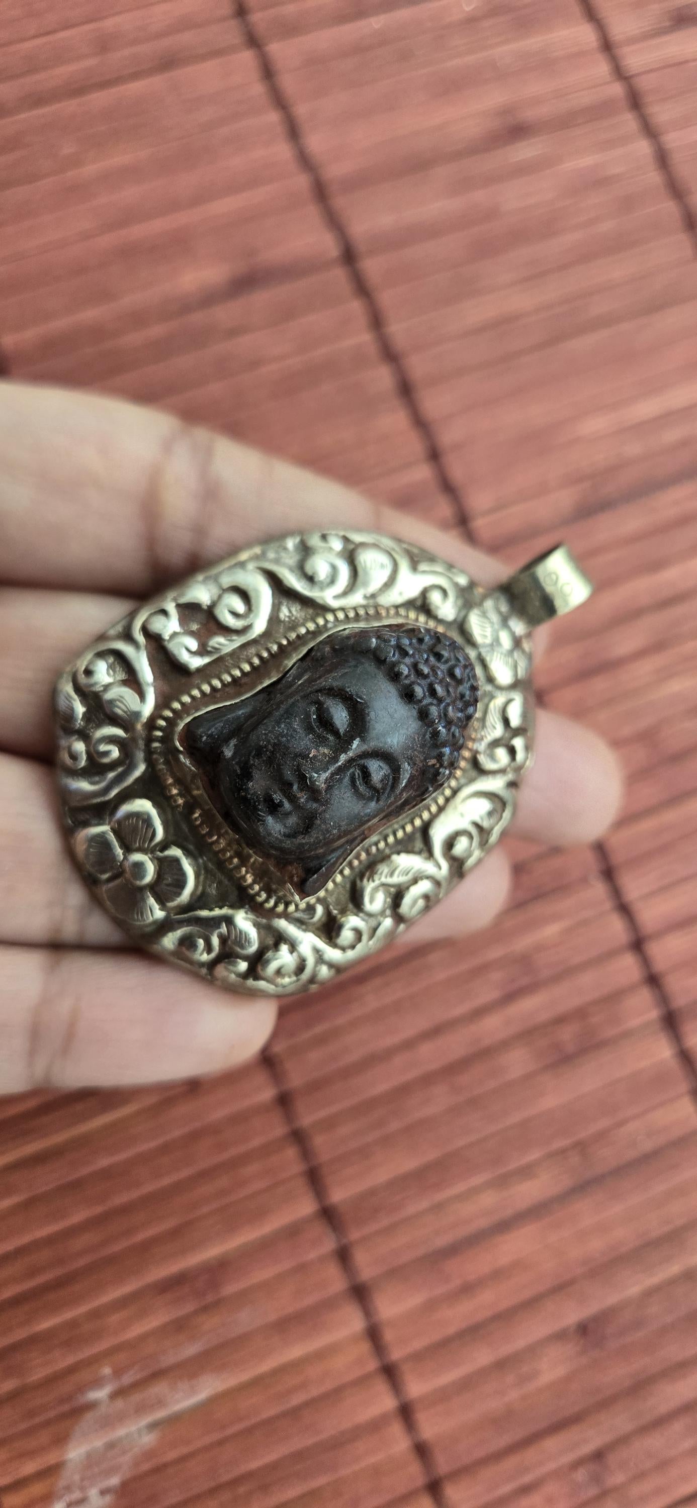 OOAK 1 Pendant - Beautiful black color resin Buddha pendant with floral carving on reverse side from Nepal -PM002G