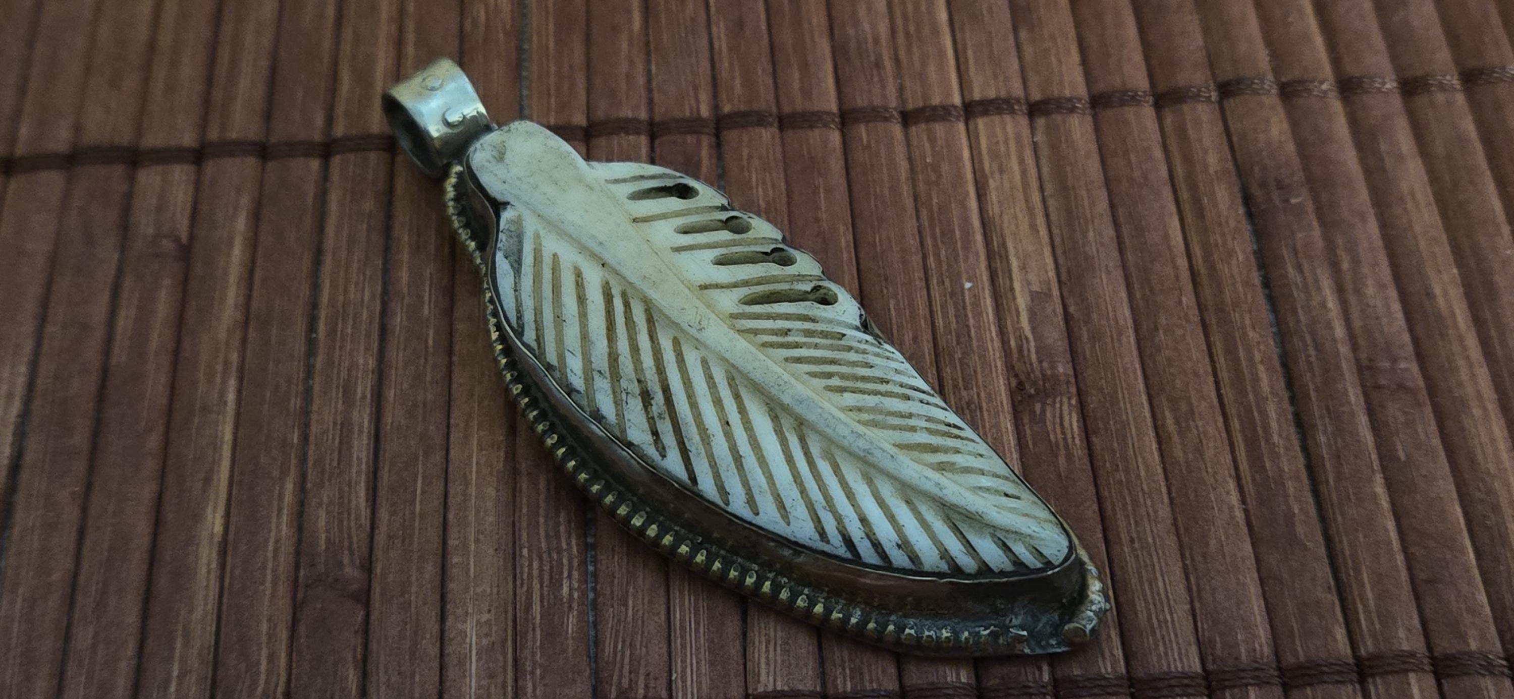 Lucky Feather recycled cattle bone carving pendant | Floral Back Design | Rustic Boho spiritual tribal amulet from Nepal - PM004E