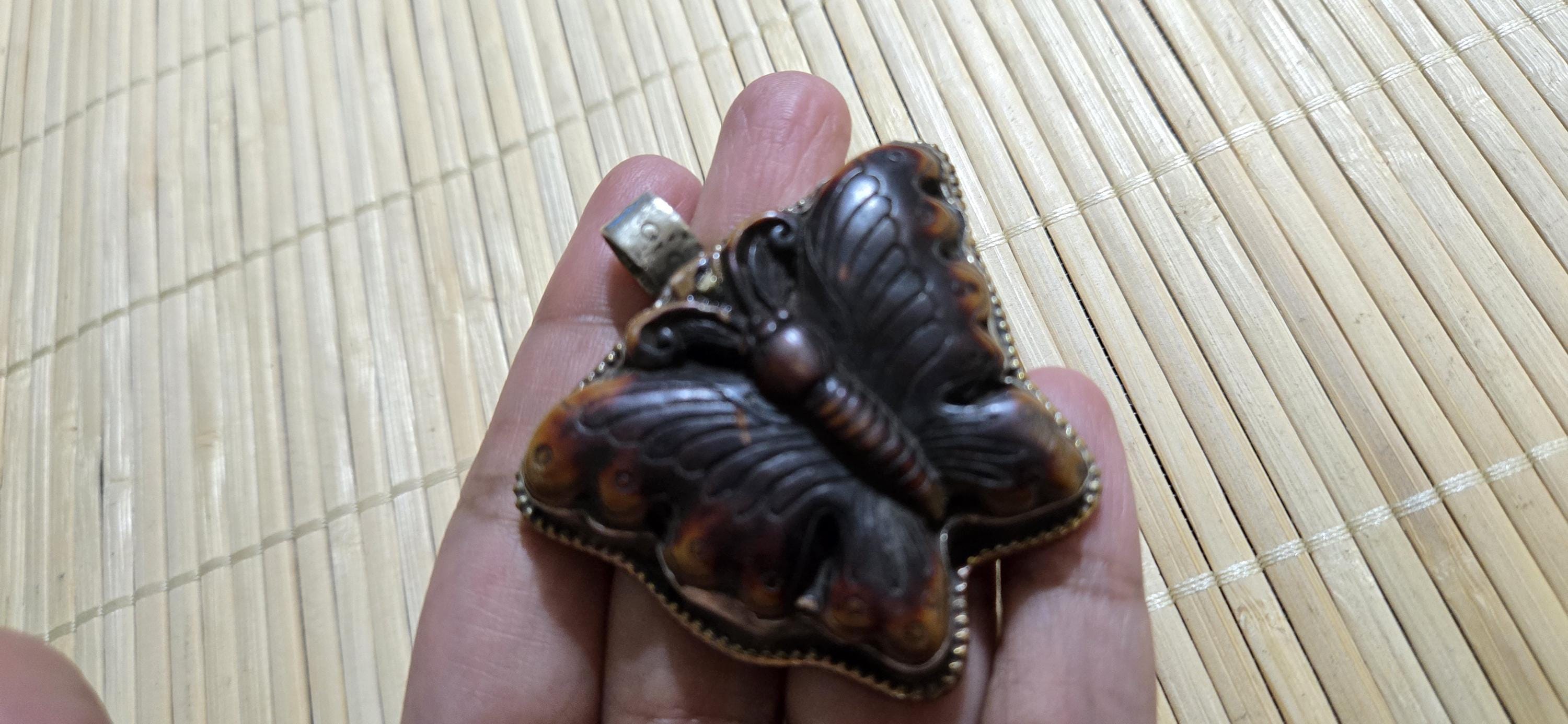 Butterfly Pendant carved recycled cattle Bone | Lotus Filigree Back | Tribal Jewelry Nepal | Spiritual Nature Symbol PM004H