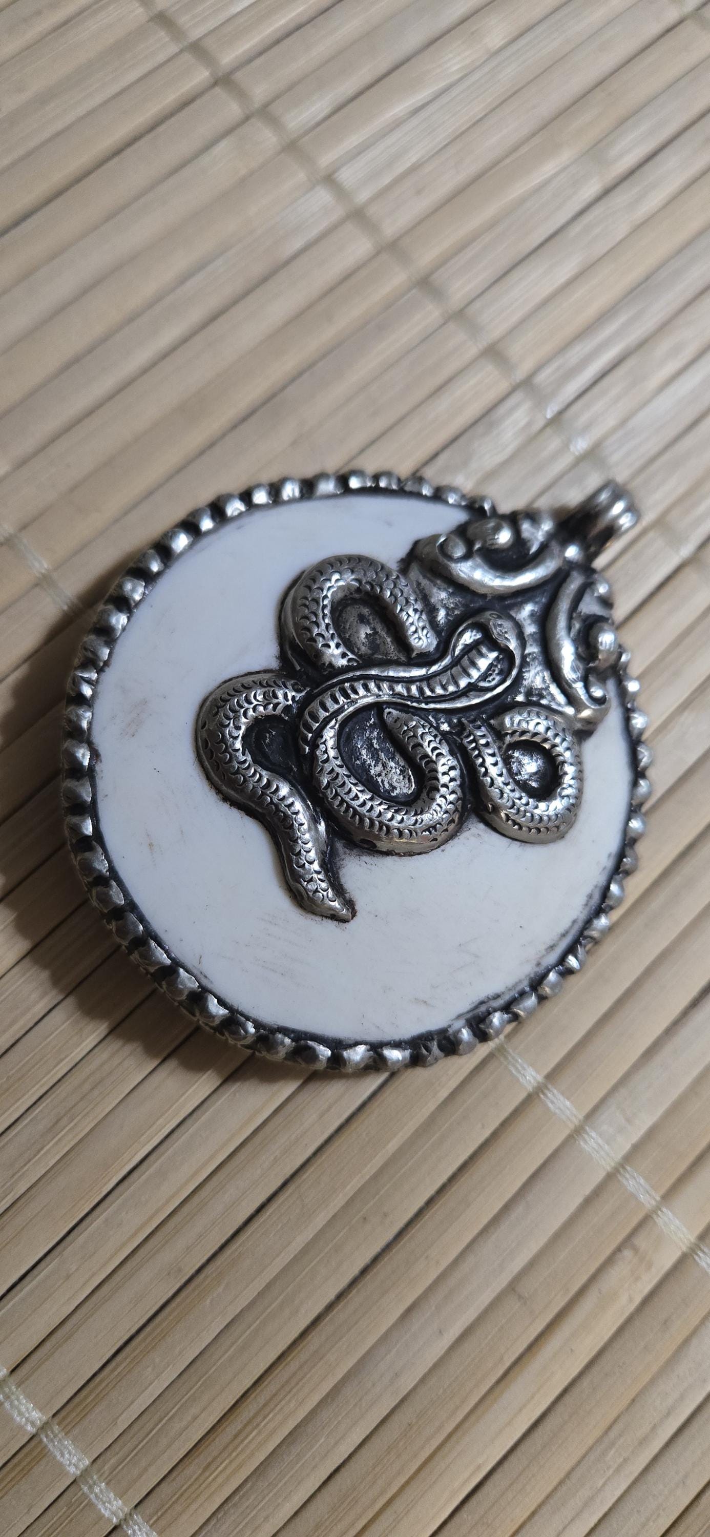 Large Tibetan Naga conch shell Snake Pendant - antiqued silver repousse | King Cobra Serpent Jewelry | Year of the Snake | PM004K