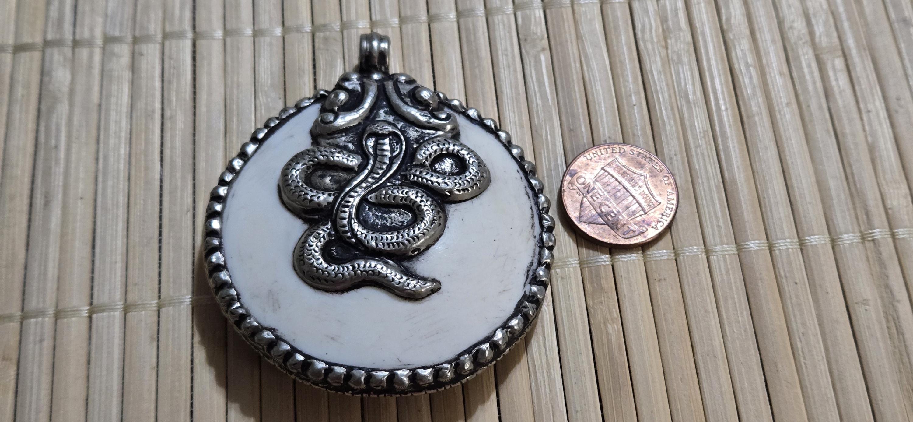 Large Tibetan Naga conch shell Snake Pendant - antiqued silver repousse | King Cobra Serpent Jewelry | Year of the Snake | PM004K