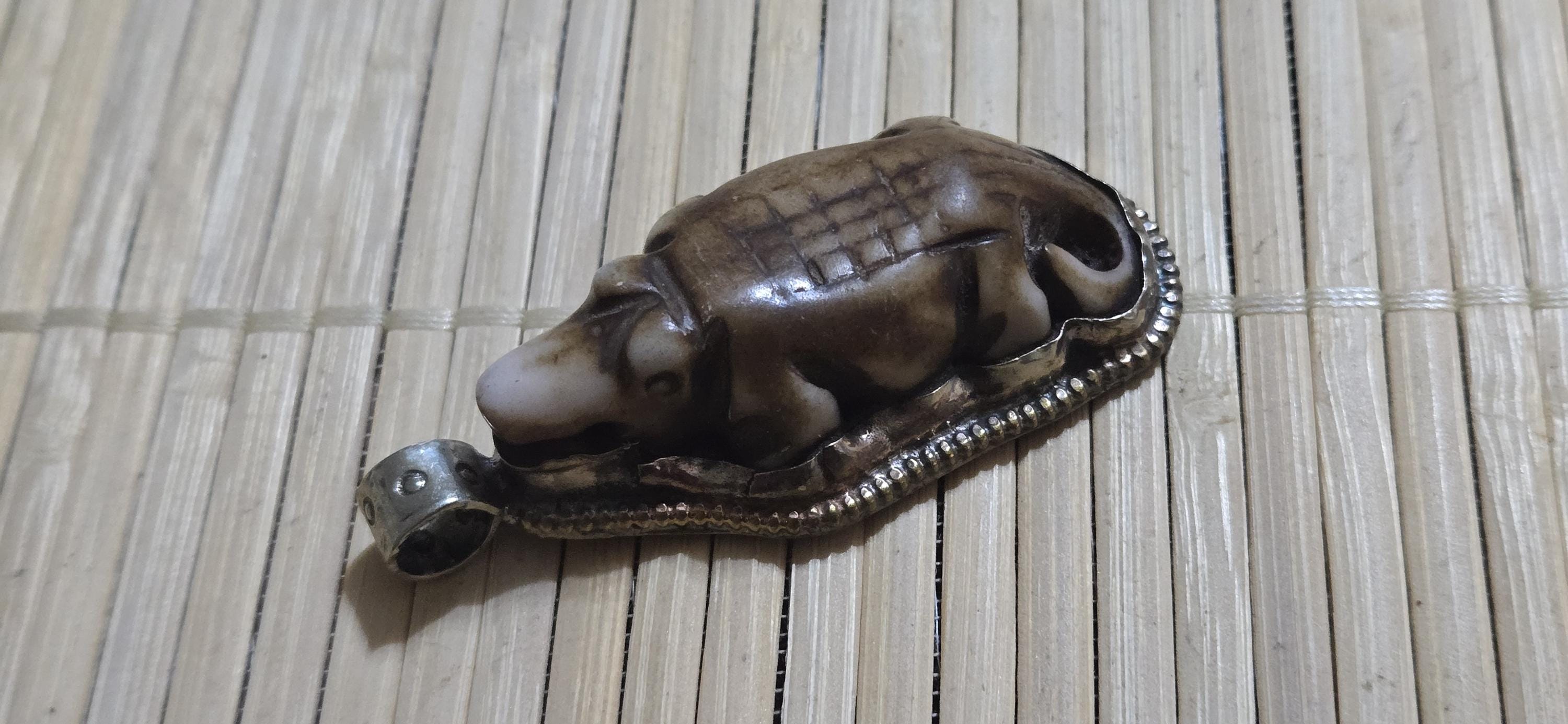 Tibetan Nepal Crocodile alligator Pendant carved recycled cattle Bone | Floral design Backside | Spiritual Nature Symbol PM004J