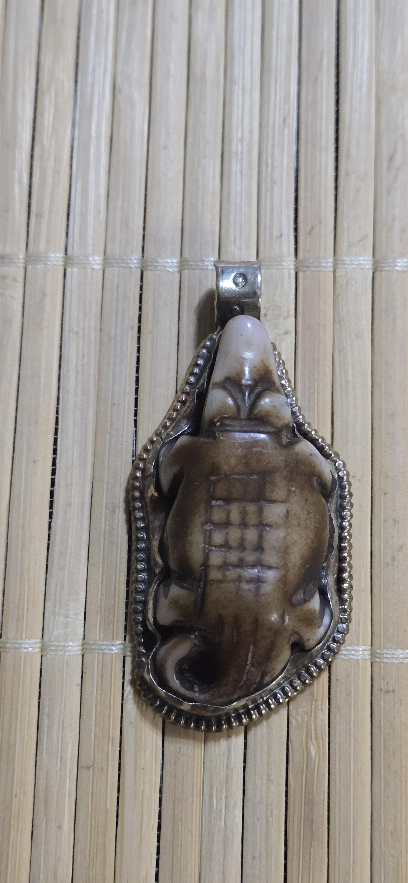 Tibetan Nepal Crocodile alligator Pendant carved recycled cattle Bone | Floral design Backside | Spiritual Nature Symbol PM004J
