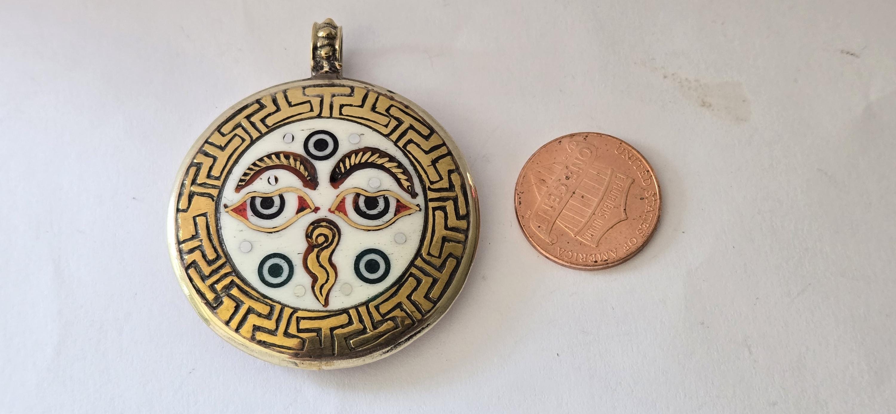 Reversible Tibetan Buddha eye and double dorje turquoise coral brass inlaid pendant - PM247G
