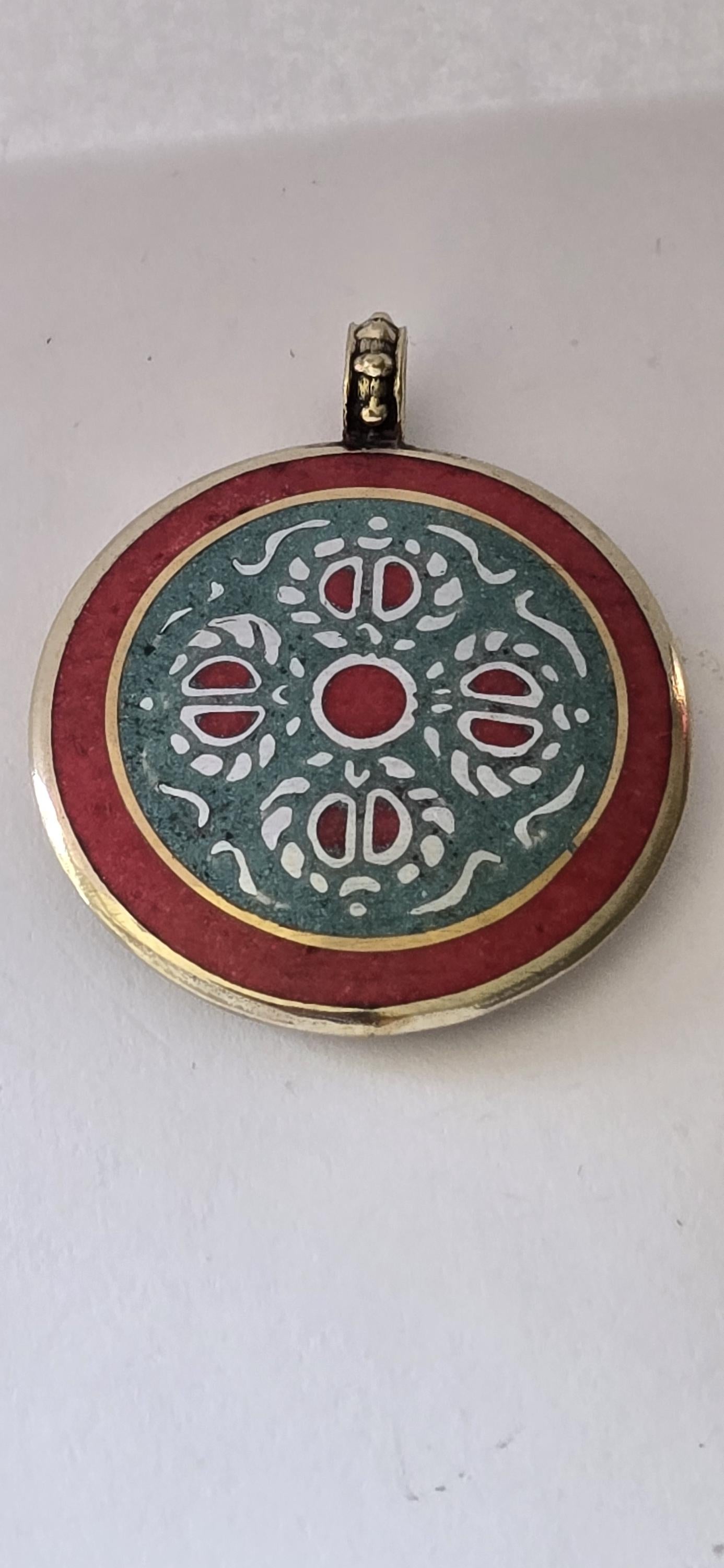 Reversible Tibetan Buddha eye and double dorje turquoise coral brass inlaid pendant - PM247G