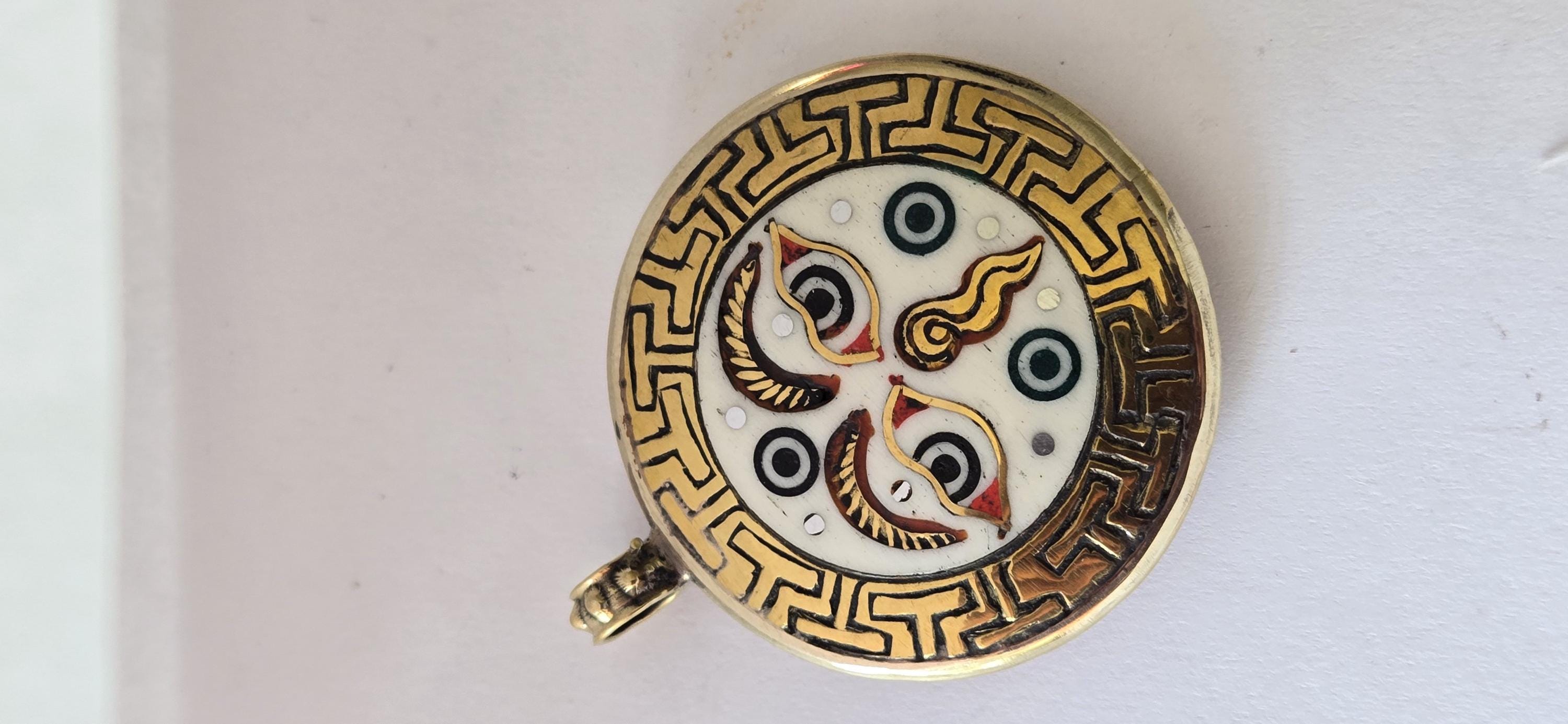 Reversible Tibetan Buddha eye and double dorje turquoise coral brass inlaid pendant - PM247G