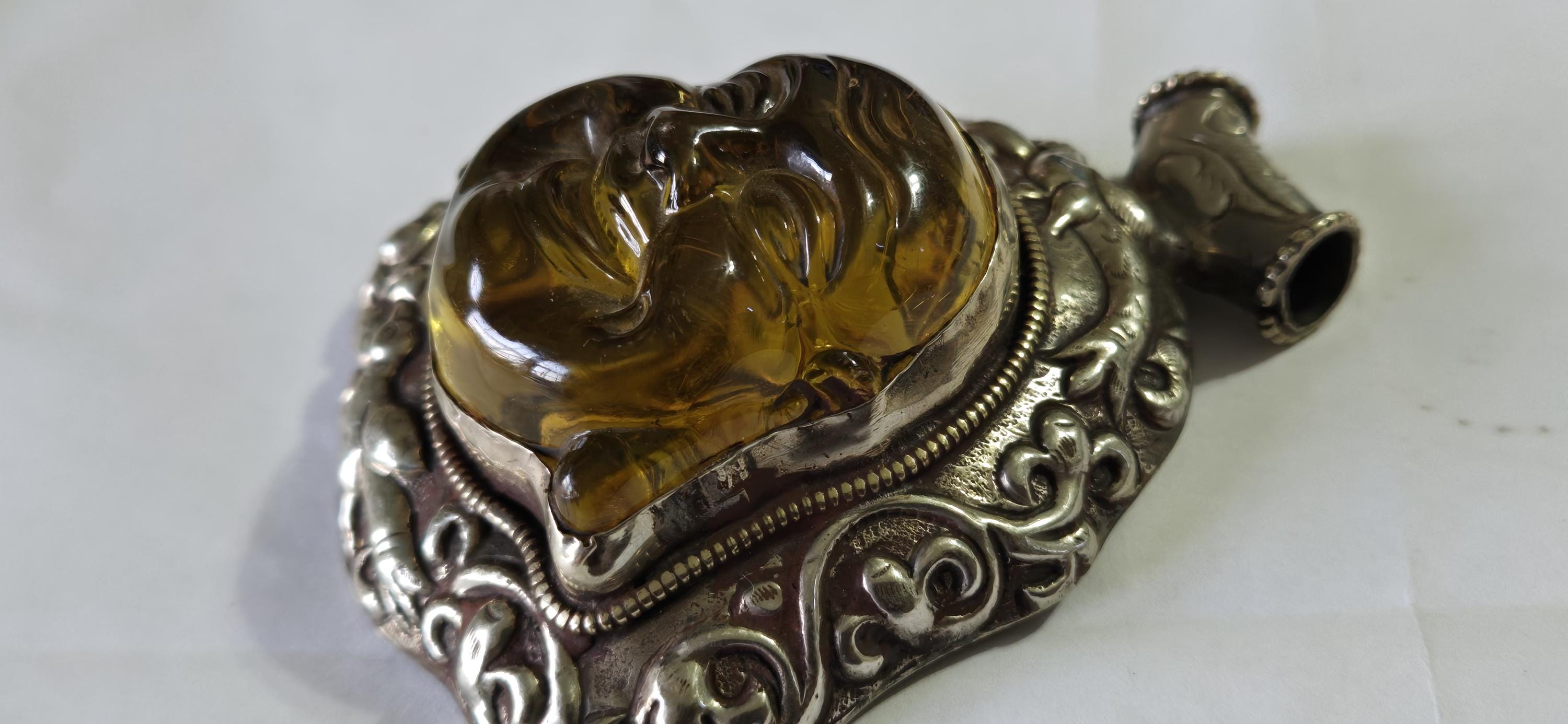 Gorgeous Statement Pendant Tibetan silver happy buddha face resin pendant with floral bird repousse PM405G