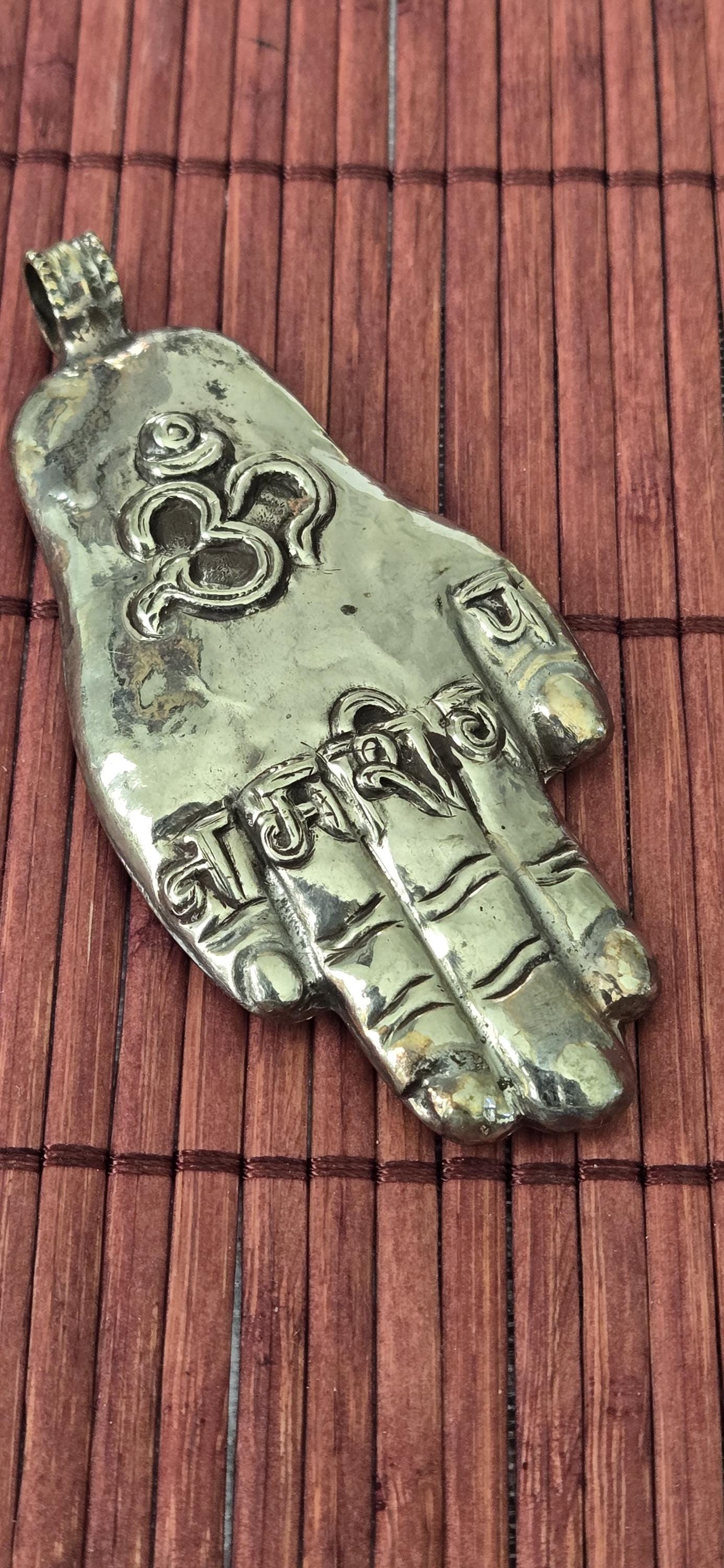 OOAK - Large Tibetan antiqued silver finish holy mantra Om namah shivay inscribed hand pendant floral carving reverse side from Nepal PM339G