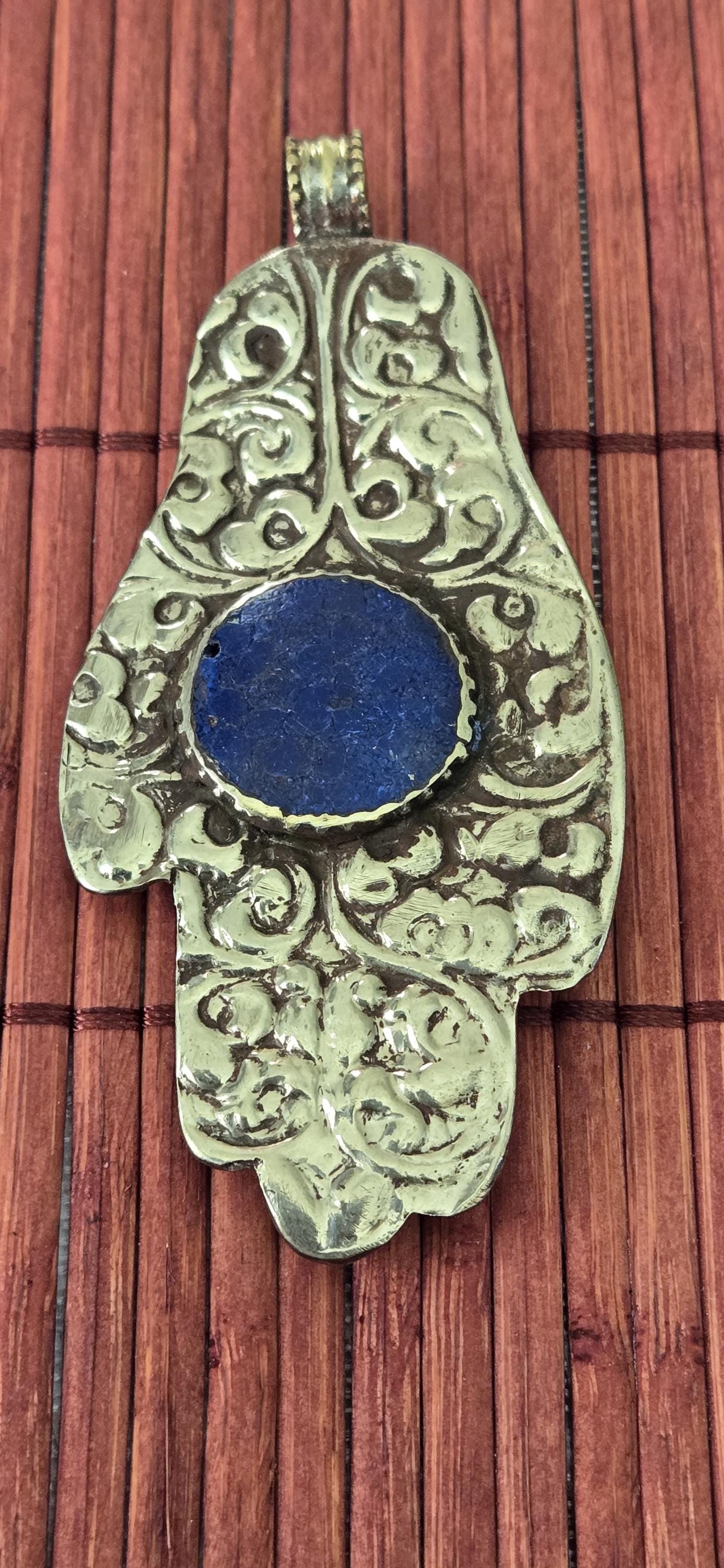 OOAK - Large Tibetan antiqued silver finish holy mantra Om namah shivay inscribed hand pendant floral carving reverse side from Nepal PM339G