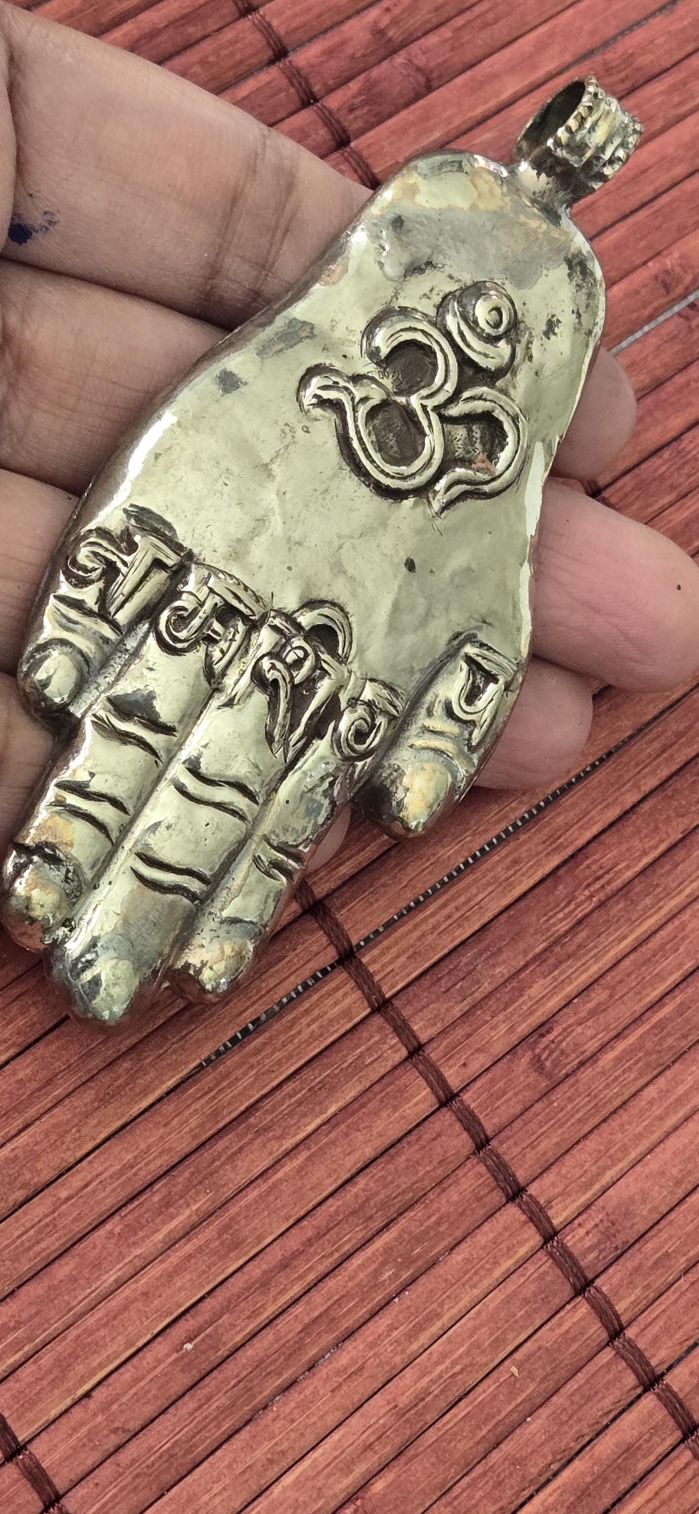 OOAK - Large Tibetan antiqued silver finish holy mantra Om namah shivay inscribed hand pendant floral carving reverse side from Nepal PM339G
