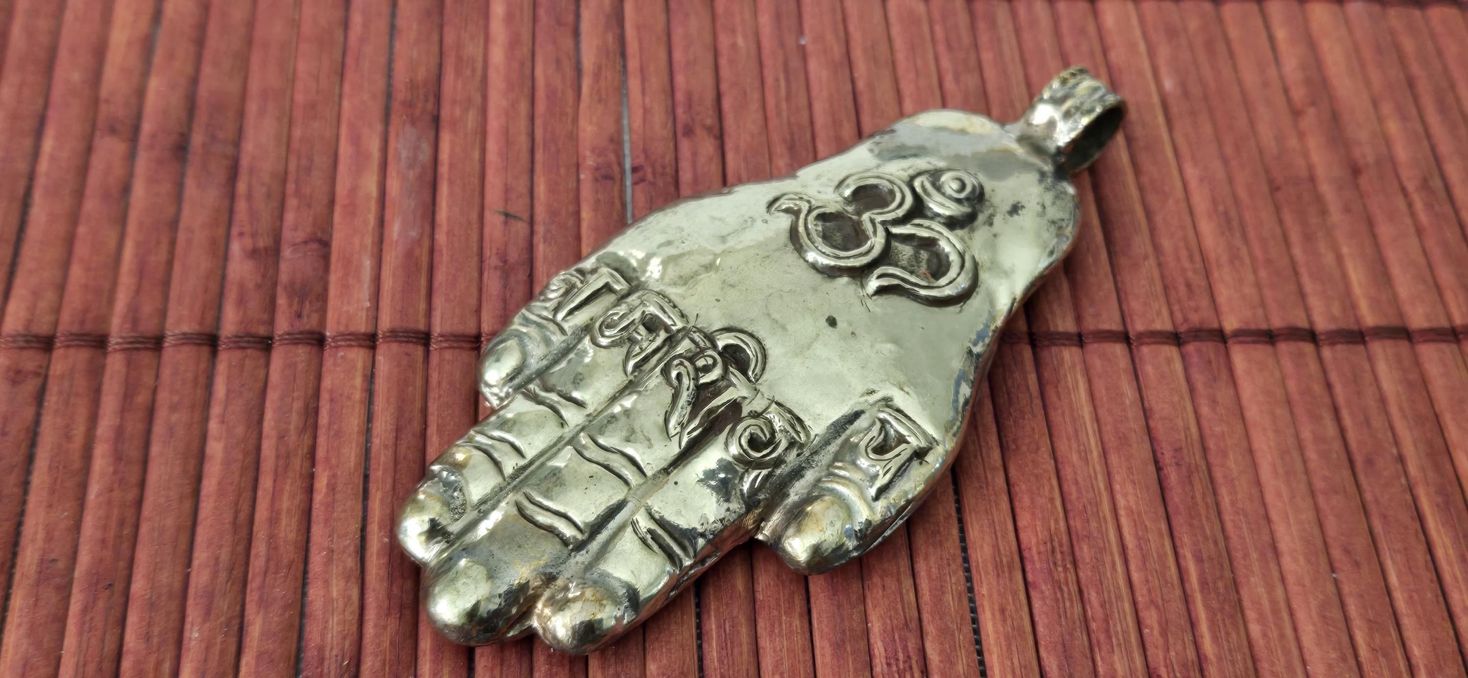 OOAK - Large Tibetan antiqued silver finish holy mantra Om namah shivay inscribed hand pendant floral carving reverse side from Nepal PM339G