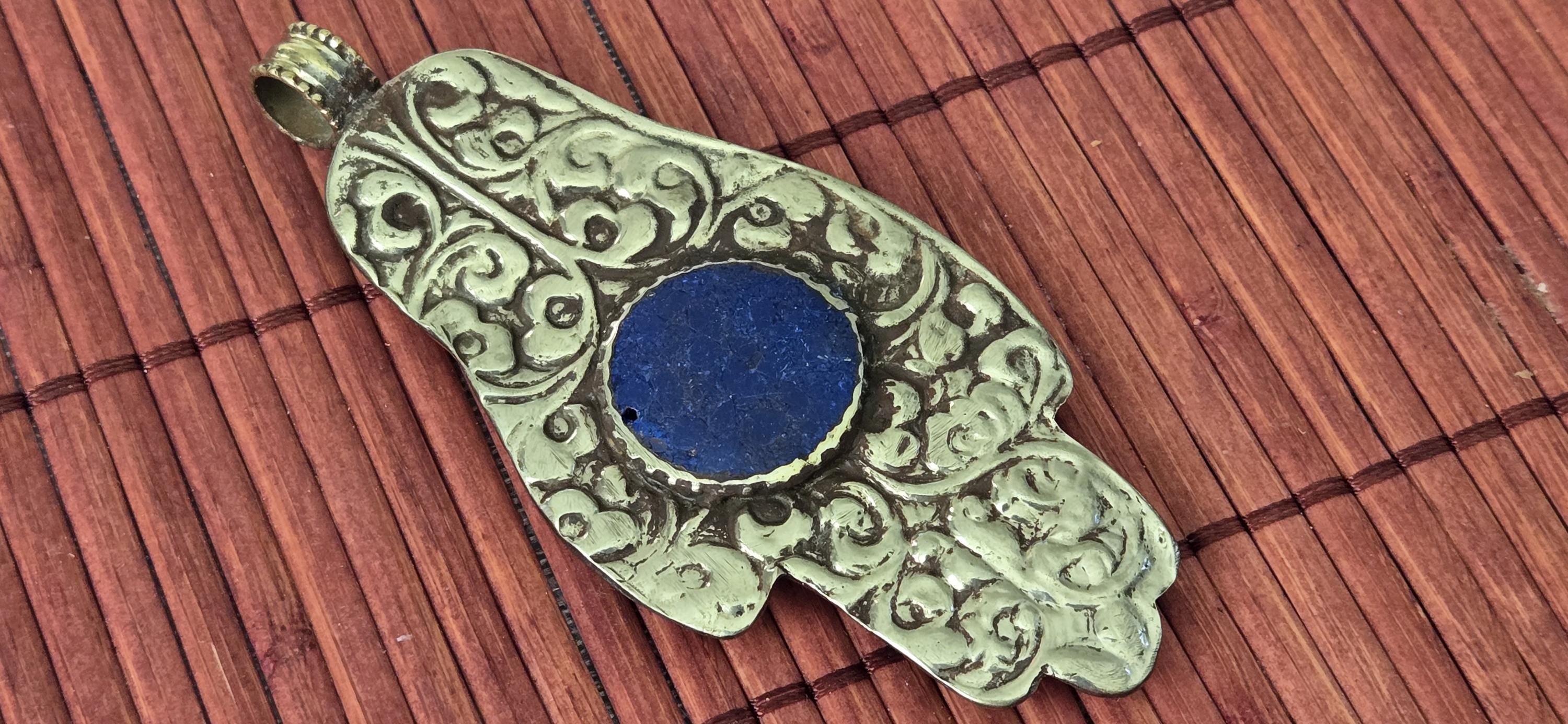 OOAK - Large Tibetan antiqued silver finish holy mantra Om namah shivay inscribed hand pendant floral carving reverse side from Nepal PM339G