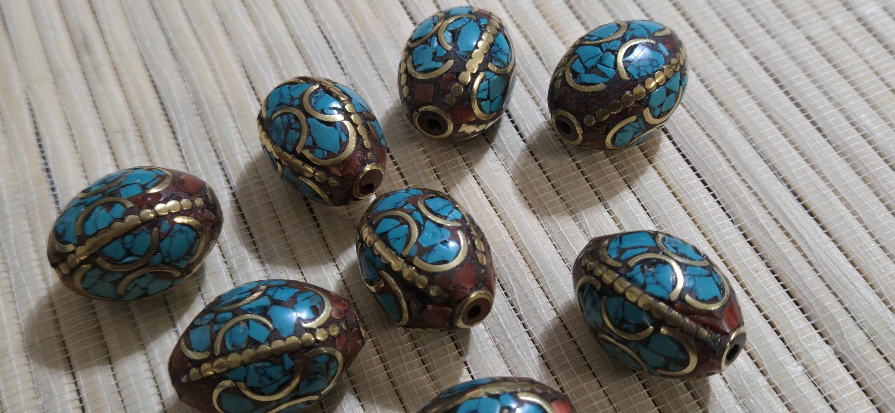 2 Beads - Large 20 mm x 16 mm size Oval shape Tibetan brass beads with turquoise inlay ethnic nepal beads inlaid beads - BD399