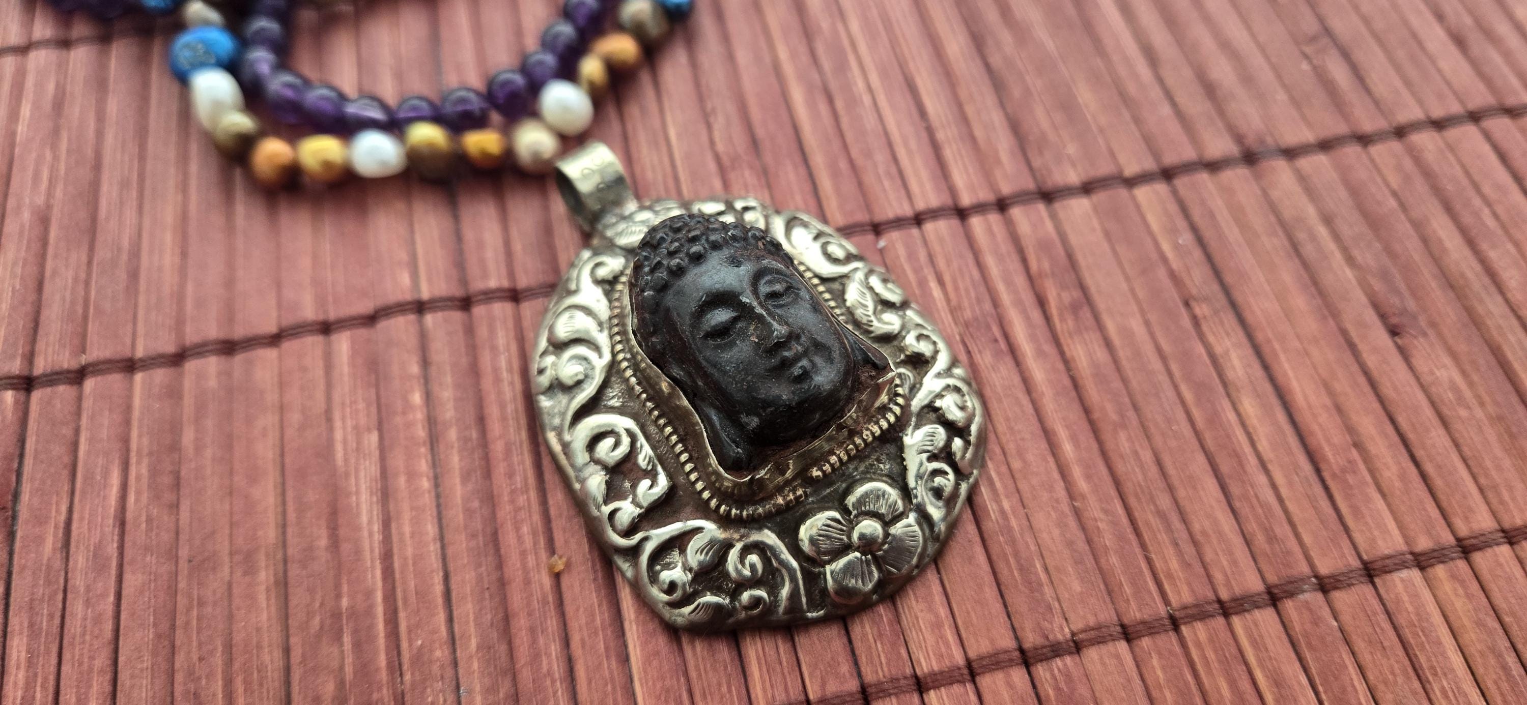 OOAK 1 Pendant - Beautiful black color resin Buddha pendant with floral carving on reverse side from Nepal -PM002G