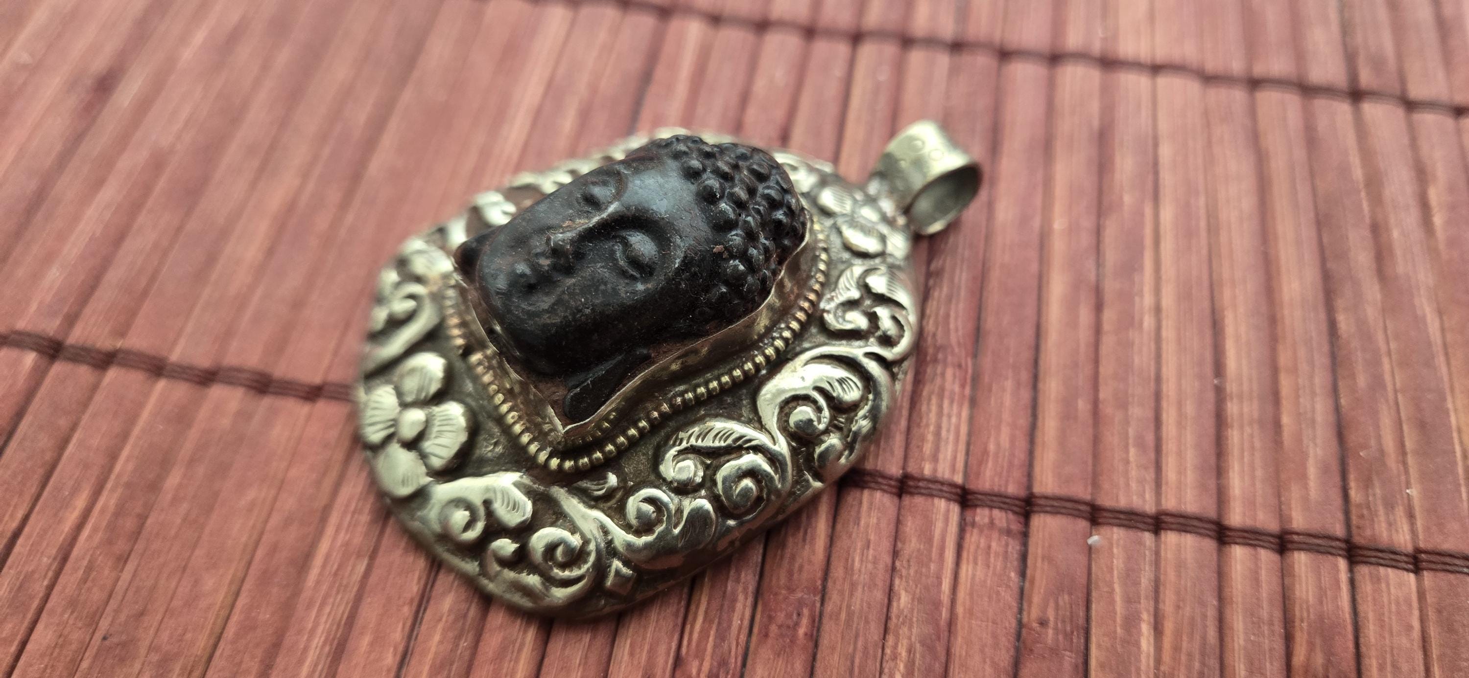 OOAK 1 Pendant - Beautiful black color resin Buddha pendant with floral carving on reverse side from Nepal -PM002G