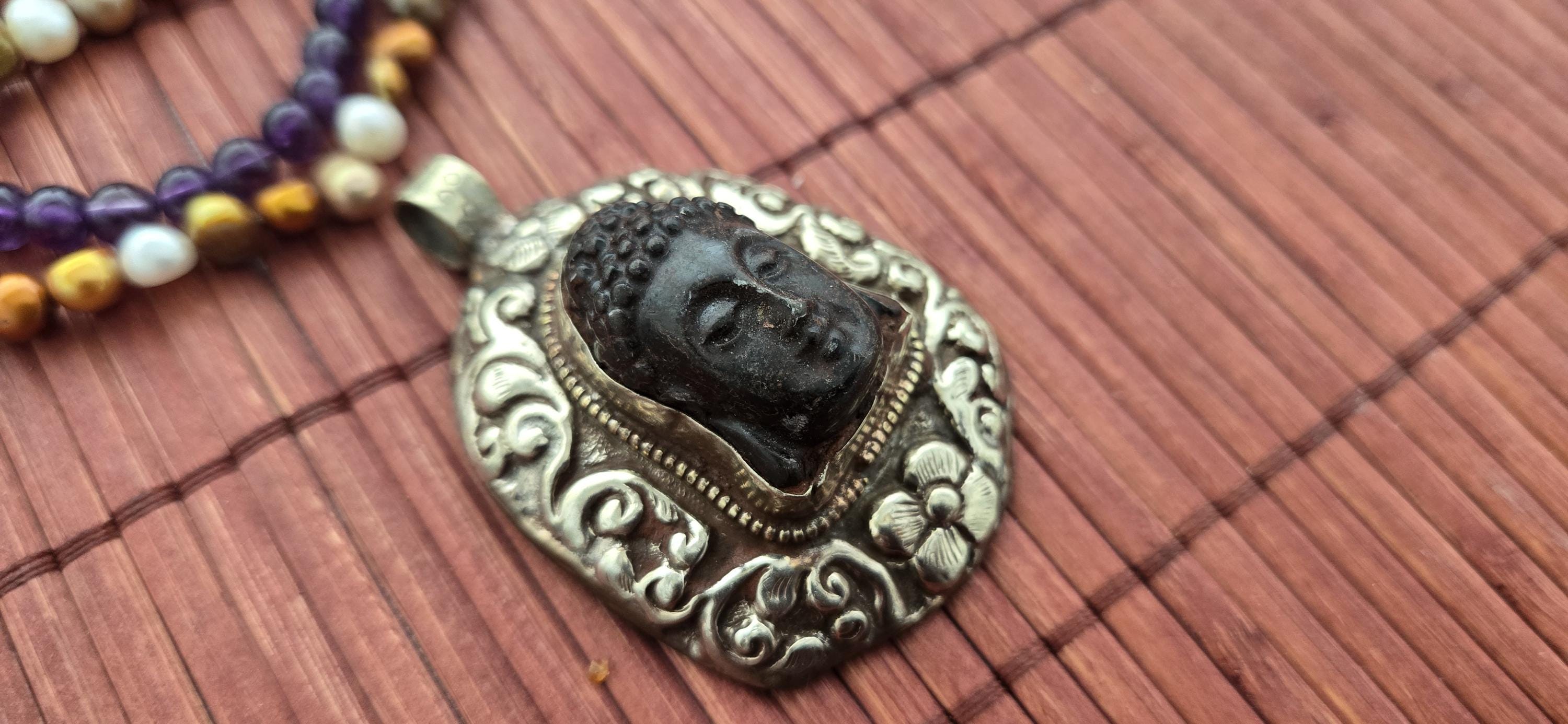 OOAK 1 Pendant - Beautiful black color resin Buddha pendant with floral carving on reverse side from Nepal -PM002G