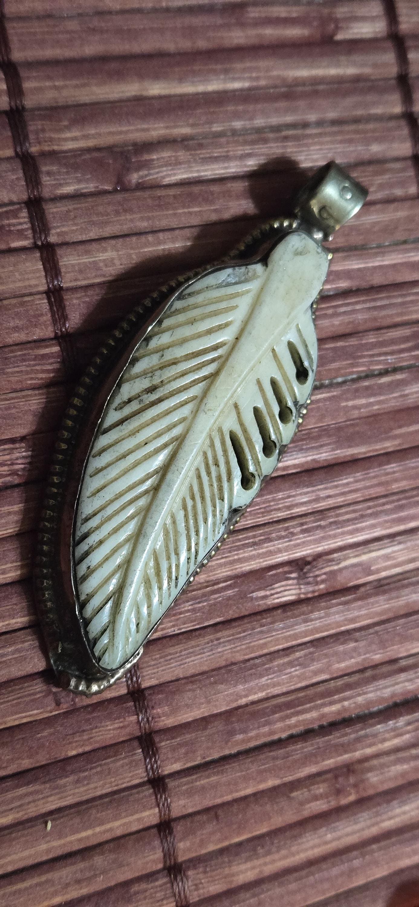 Lucky Feather recycled cattle bone carving pendant | Floral Back Design | Rustic Boho spiritual tribal amulet from Nepal - PM004E