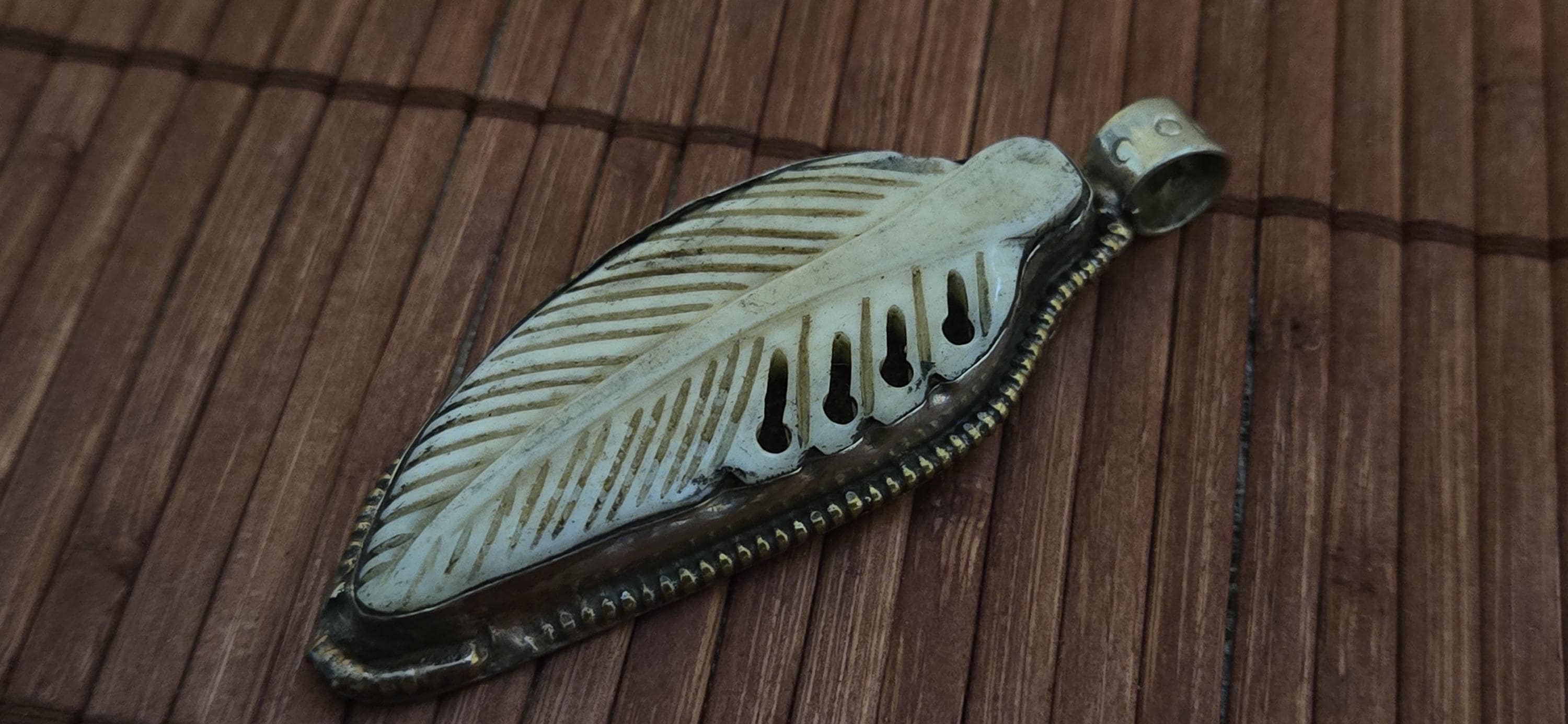 Lucky Feather recycled cattle bone carving pendant | Floral Back Design | Rustic Boho spiritual tribal amulet from Nepal - PM004E