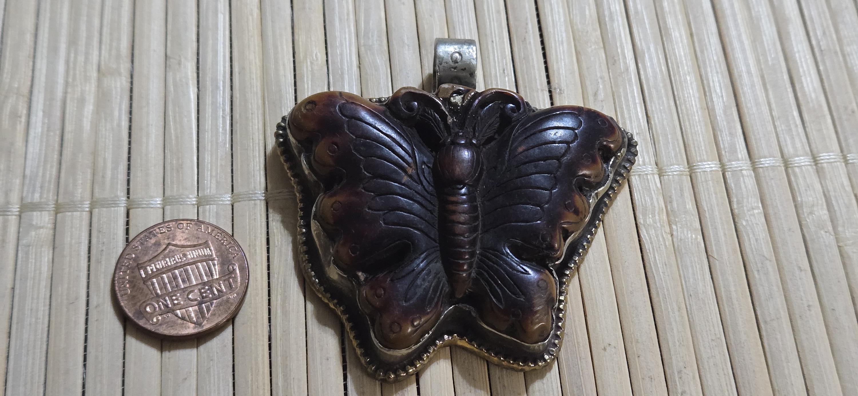 Butterfly Pendant carved recycled cattle Bone | Lotus Filigree Back | Tribal Jewelry Nepal | Spiritual Nature Symbol PM004H