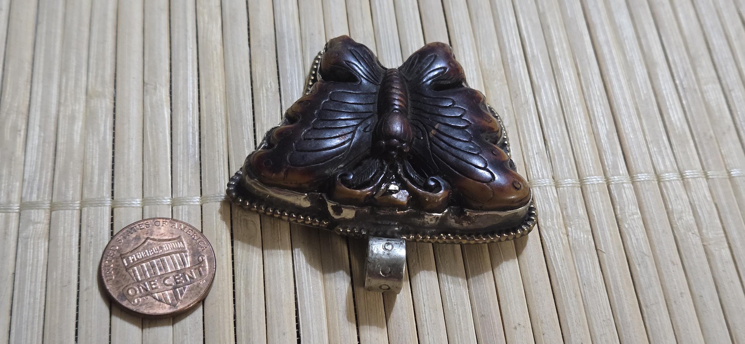 Butterfly Pendant carved recycled cattle Bone | Lotus Filigree Back | Tribal Jewelry Nepal | Spiritual Nature Symbol PM004H