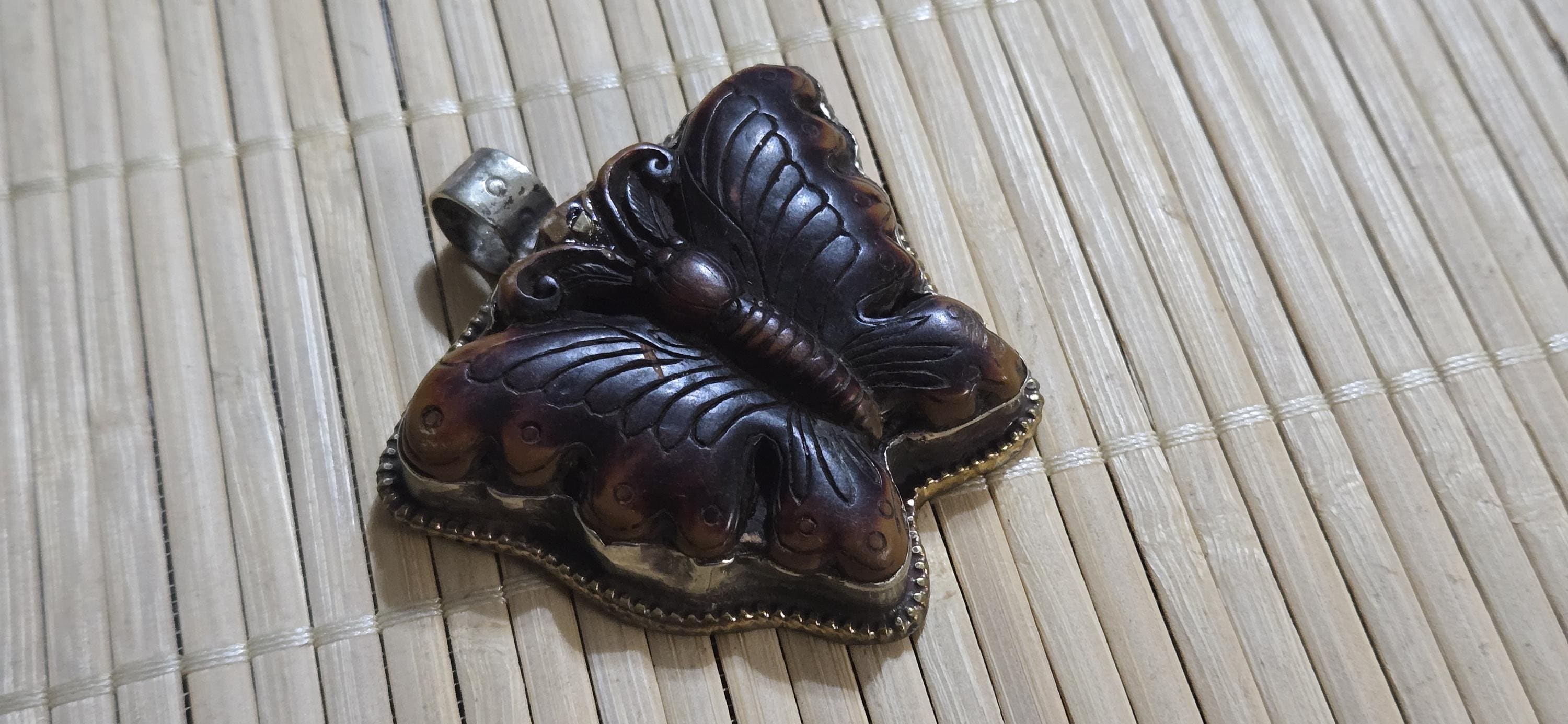 Butterfly Pendant carved recycled cattle Bone | Lotus Filigree Back | Tribal Jewelry Nepal | Spiritual Nature Symbol PM004H