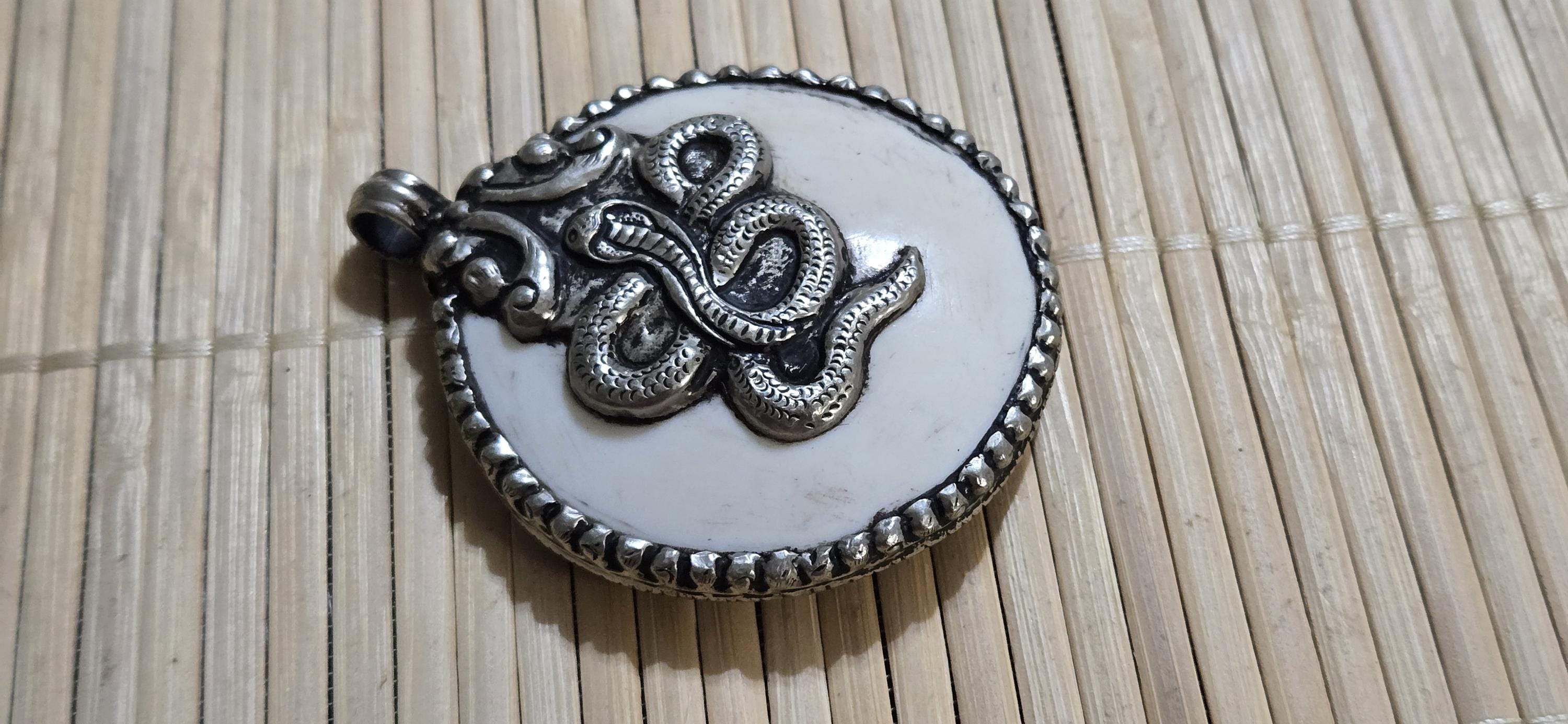 Large Tibetan Naga conch shell Snake Pendant - antiqued silver repousse | King Cobra Serpent Jewelry | Year of the Snake | PM004K