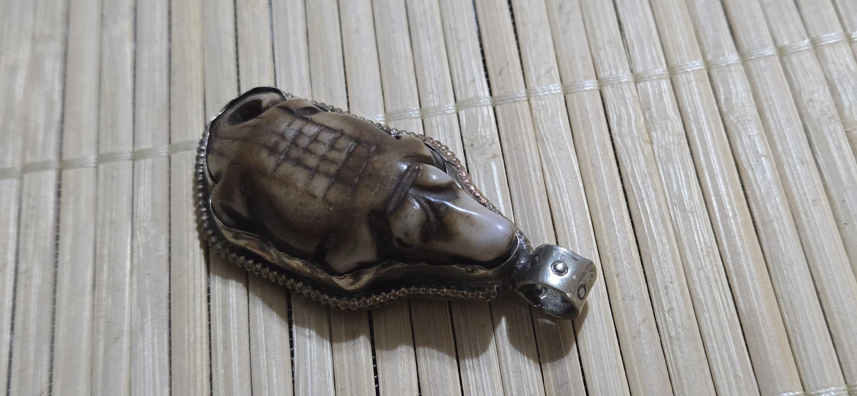Tibetan Nepal Crocodile alligator Pendant carved recycled cattle Bone | Floral design Backside | Spiritual Nature Symbol PM004J
