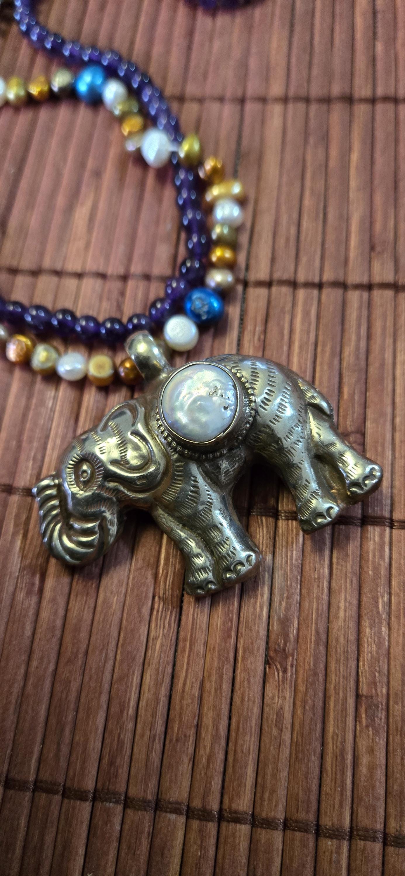 Tibetan Silver lucky Elephant Pendant with Pearl Inlay | Repousse Design | Large animal Nepal Pendant for Jewelry Making PM438F