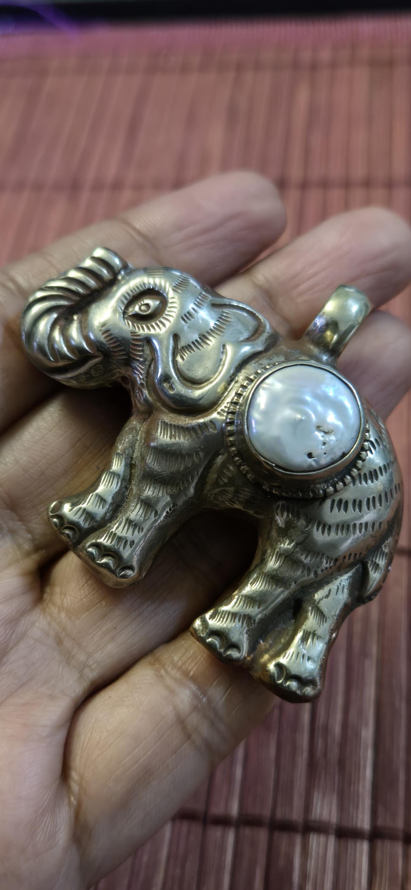 Tibetan Silver lucky Elephant Pendant with Pearl Inlay | Repousse Design | Large animal Nepal Pendant for Jewelry Making PM438F
