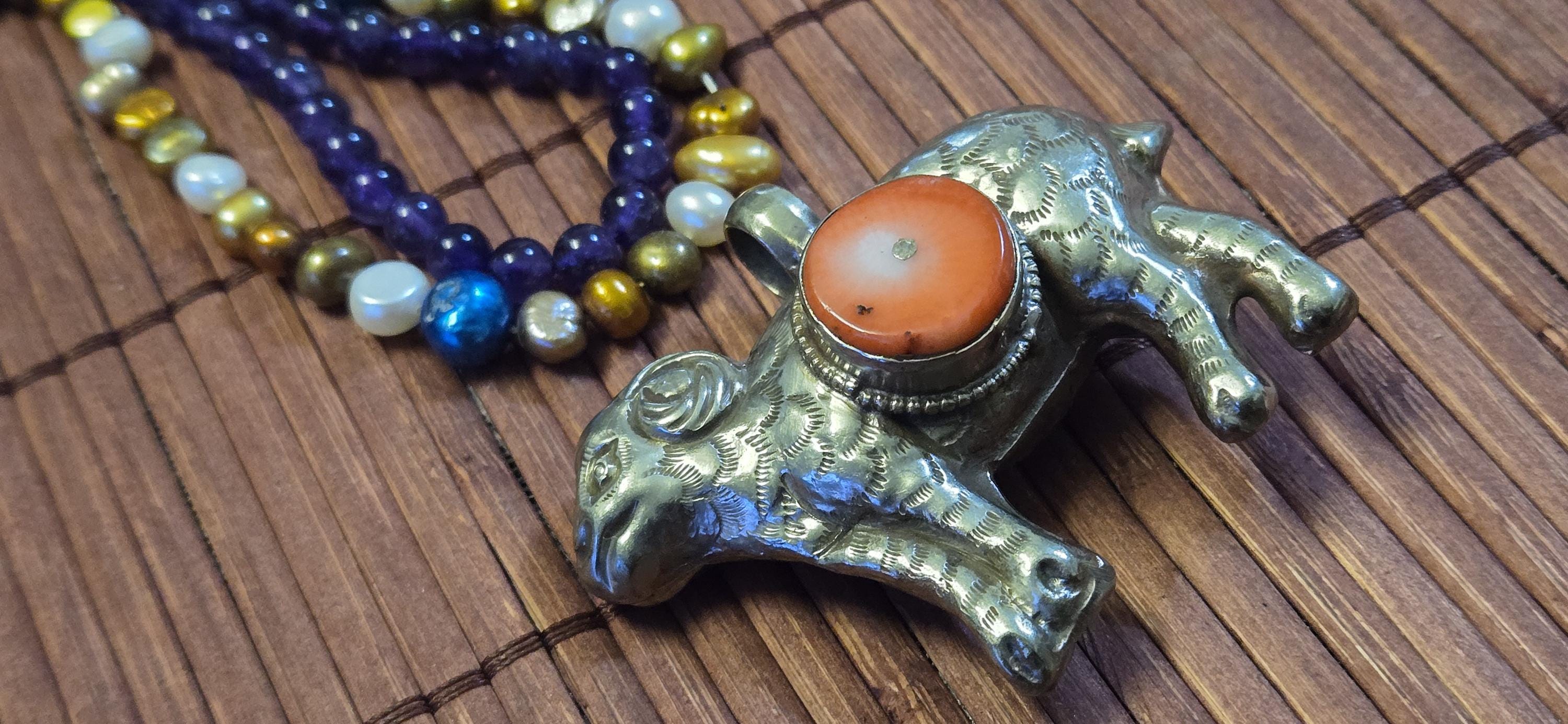 Tibetan Sheep Pendant with Coral Inlay | Repousse Animal Theme Jewelry | Ethnic Nepal Pendant PM438H
