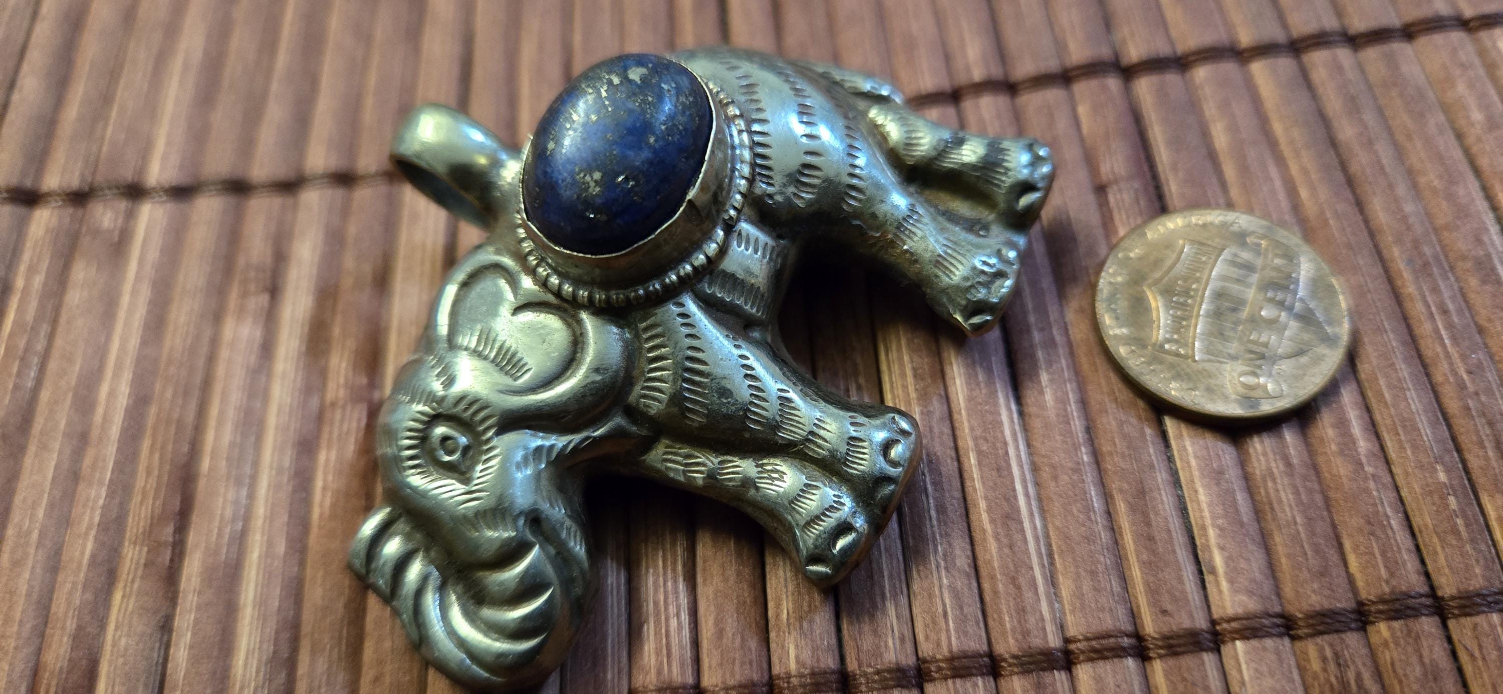 Tibetan Elephant Pendant with lapis gemstone inlay | Repousse Jewelry from Nepal | Bold Animal pendant PM438J