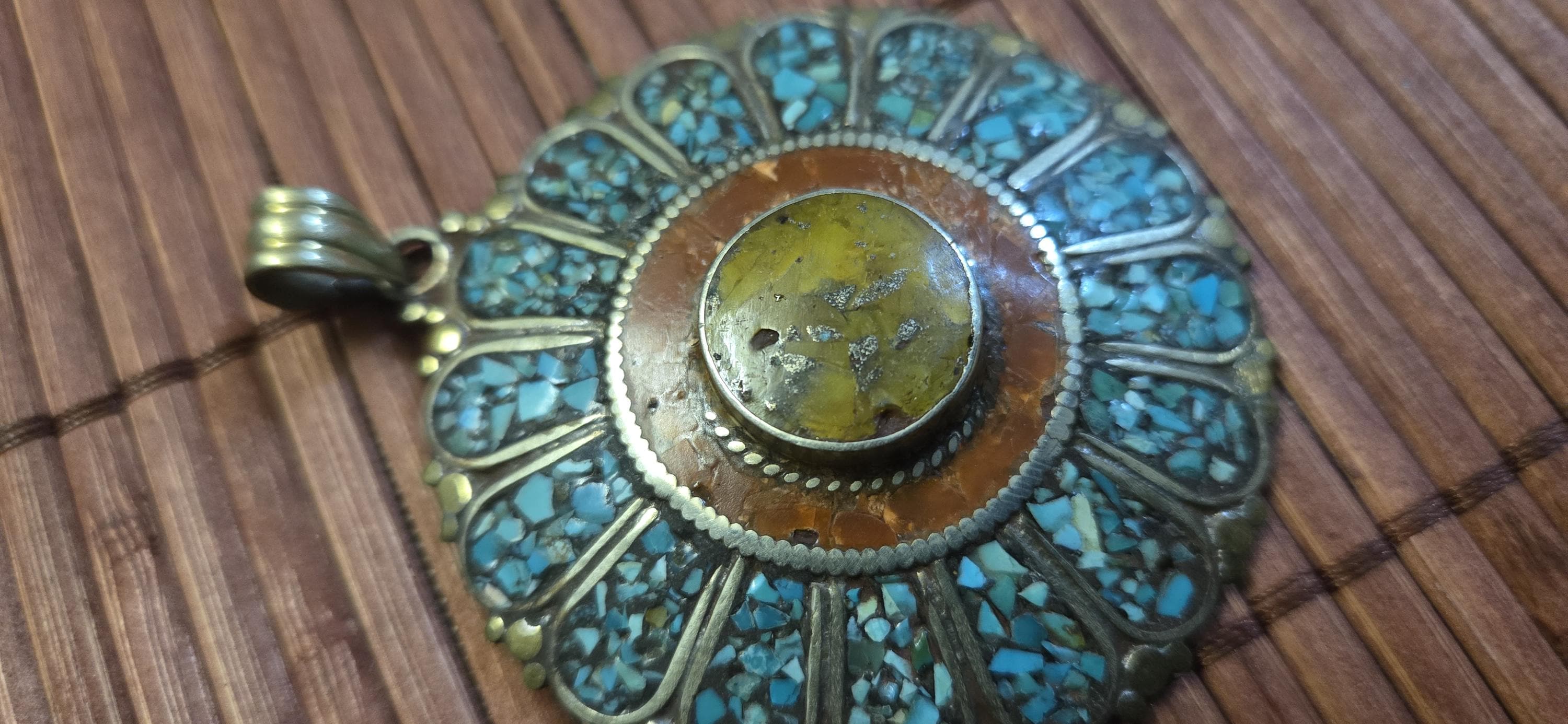 Sunflower shape Floral Shield Pendant | Large pendant with dyed coral, turquoise & traditional Tibetan Resin | in Nepal PM145D