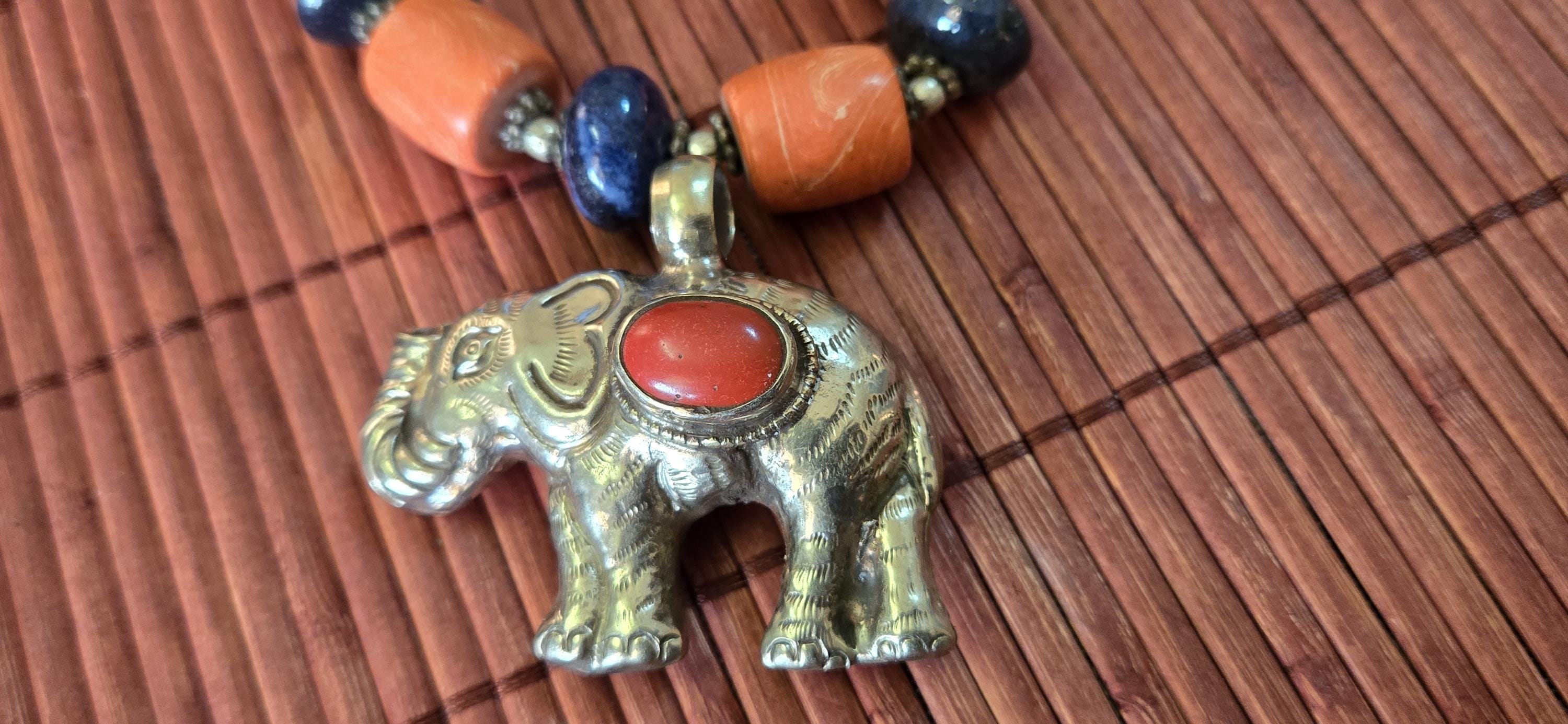 Tibetan Elephant Pendant with red coral inlay | Repousse Jewelry from Nepal | Bold Animal pendant PM438L