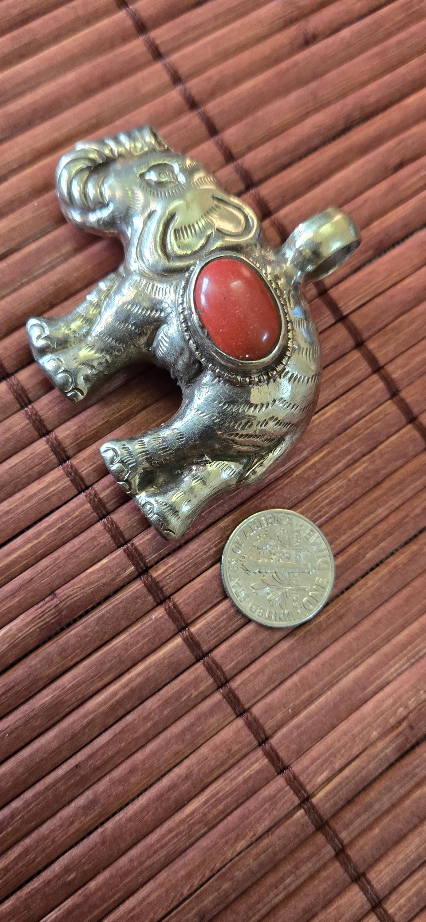 Tibetan Elephant Pendant with red coral inlay | Repousse Jewelry from Nepal | Bold Animal pendant PM438L