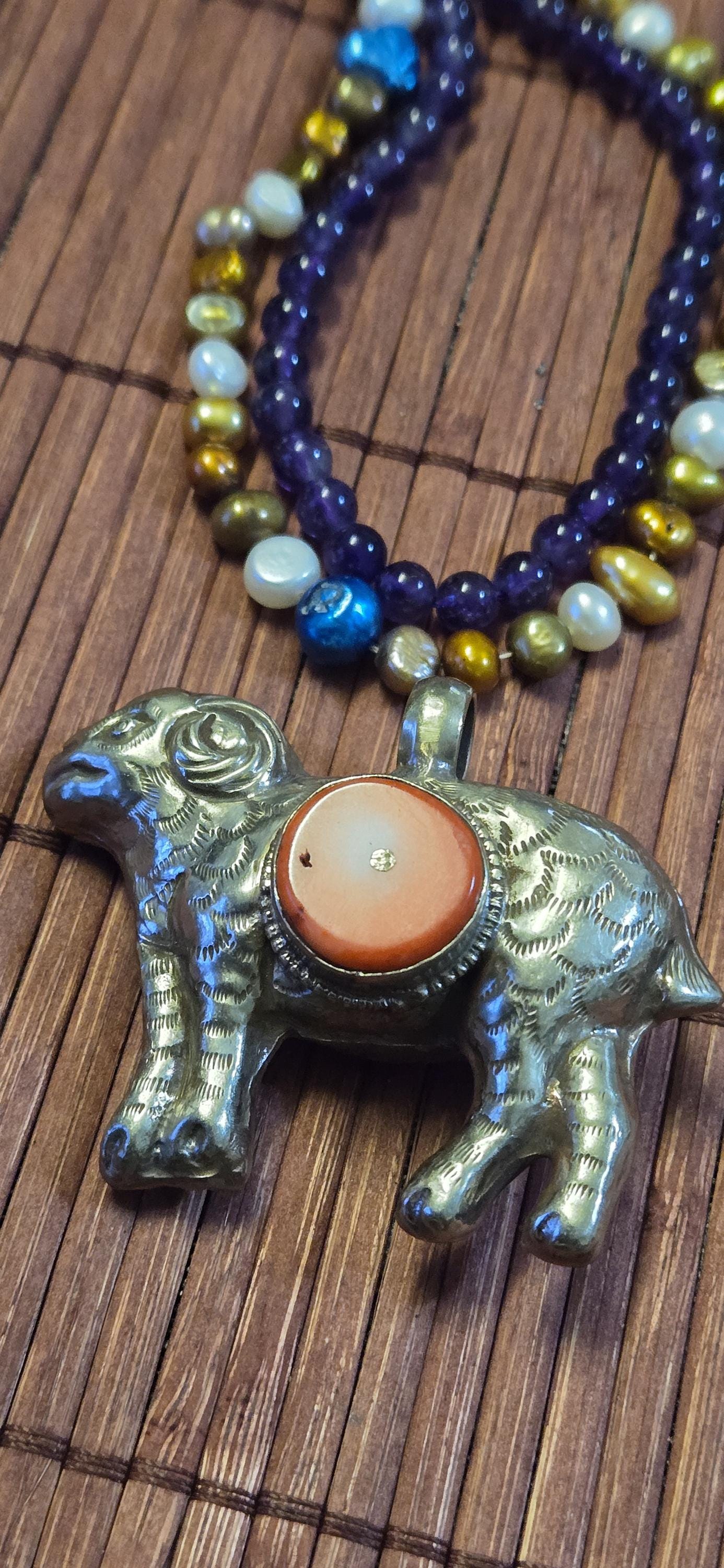 Tibetan Sheep Pendant with Coral Inlay | Repousse Animal Theme Jewelry | Ethnic Nepal Pendant PM438H