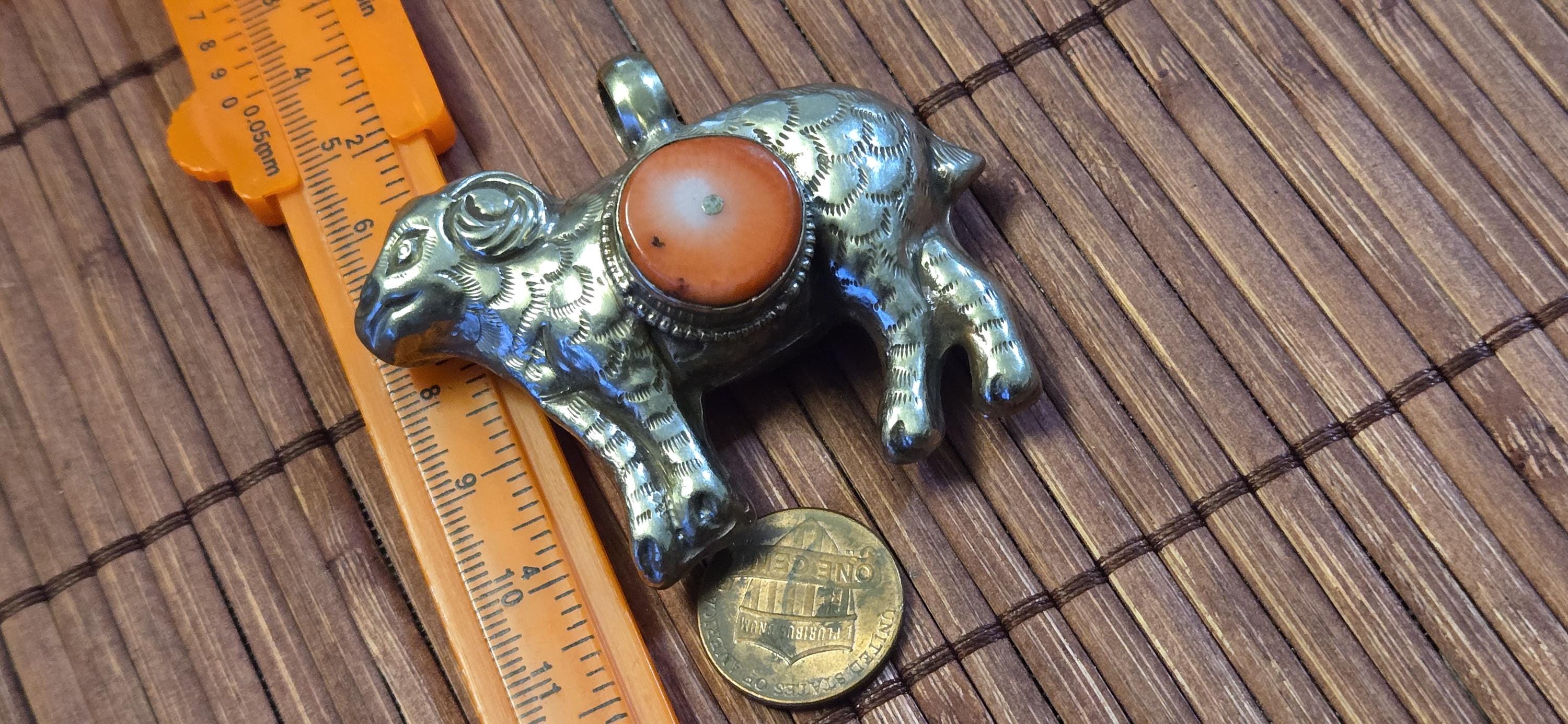 Tibetan Sheep Pendant with Coral Inlay | Repousse Animal Theme Jewelry | Ethnic Nepal Pendant PM438H