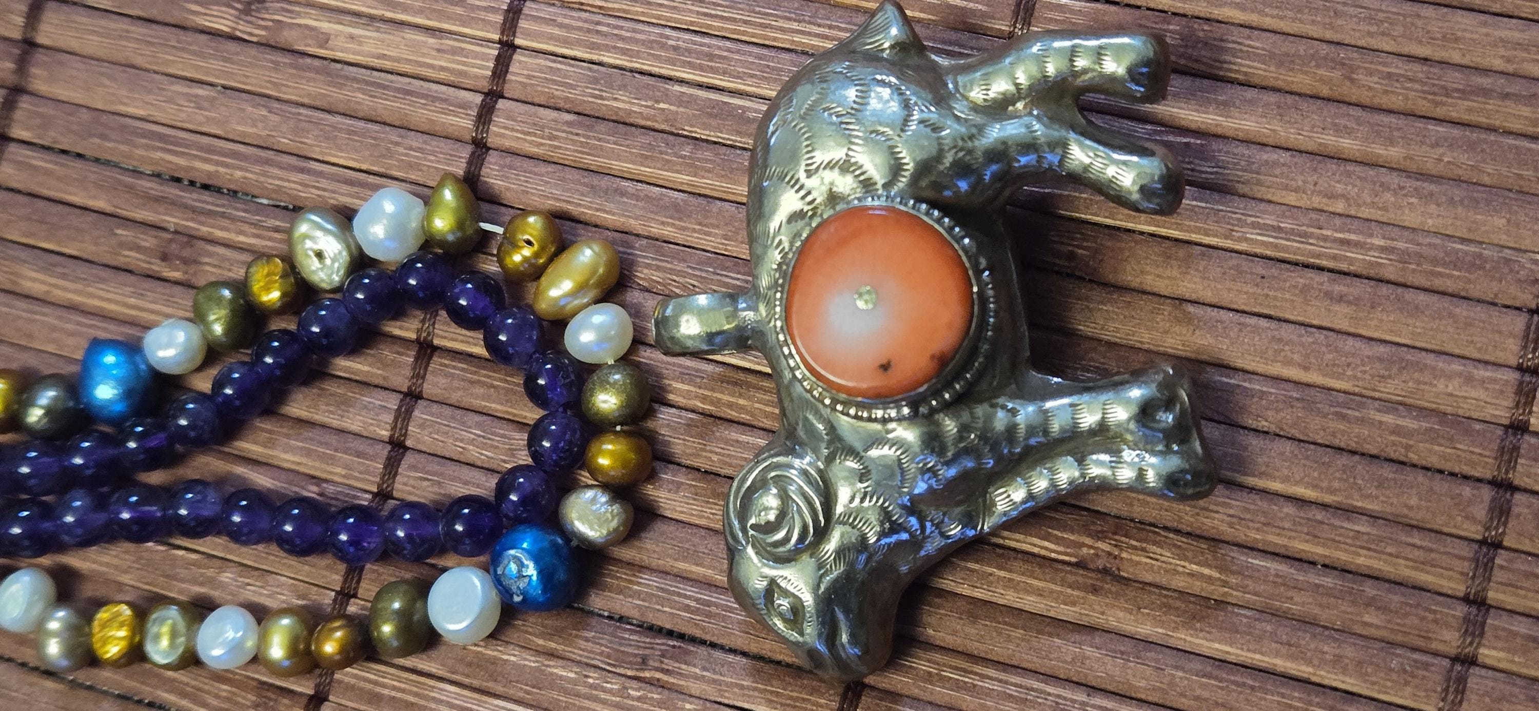Tibetan Sheep Pendant with Coral Inlay | Repousse Animal Theme Jewelry | Ethnic Nepal Pendant PM438H