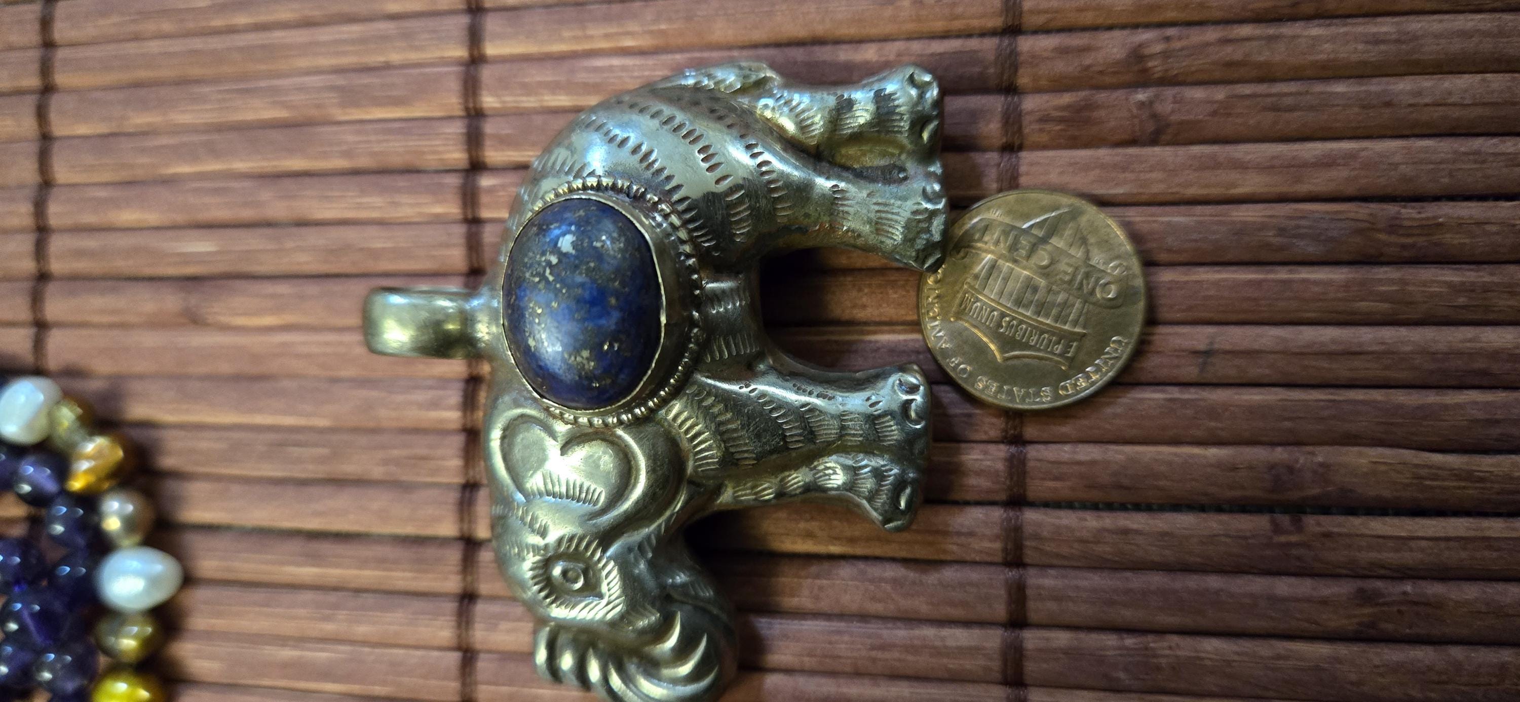 Tibetan Elephant Pendant with lapis gemstone inlay | Repousse Jewelry from Nepal | Bold Animal pendant PM438J