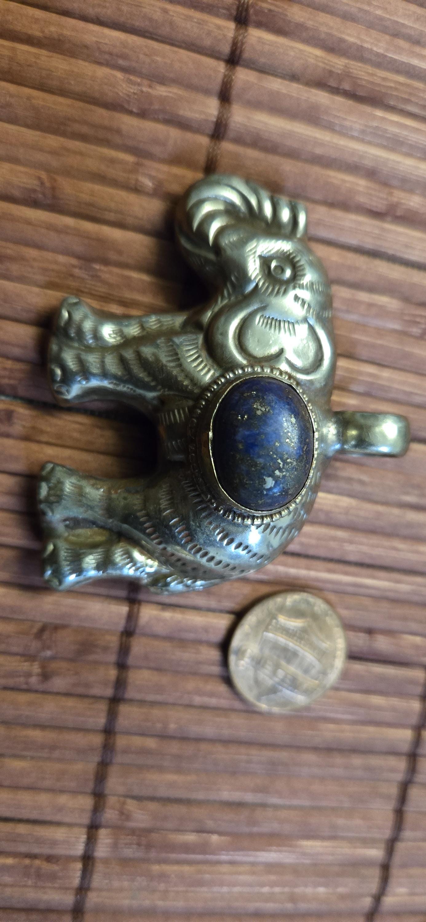 Tibetan Elephant Pendant with lapis gemstone inlay | Repousse Jewelry from Nepal | Bold Animal pendant PM438J