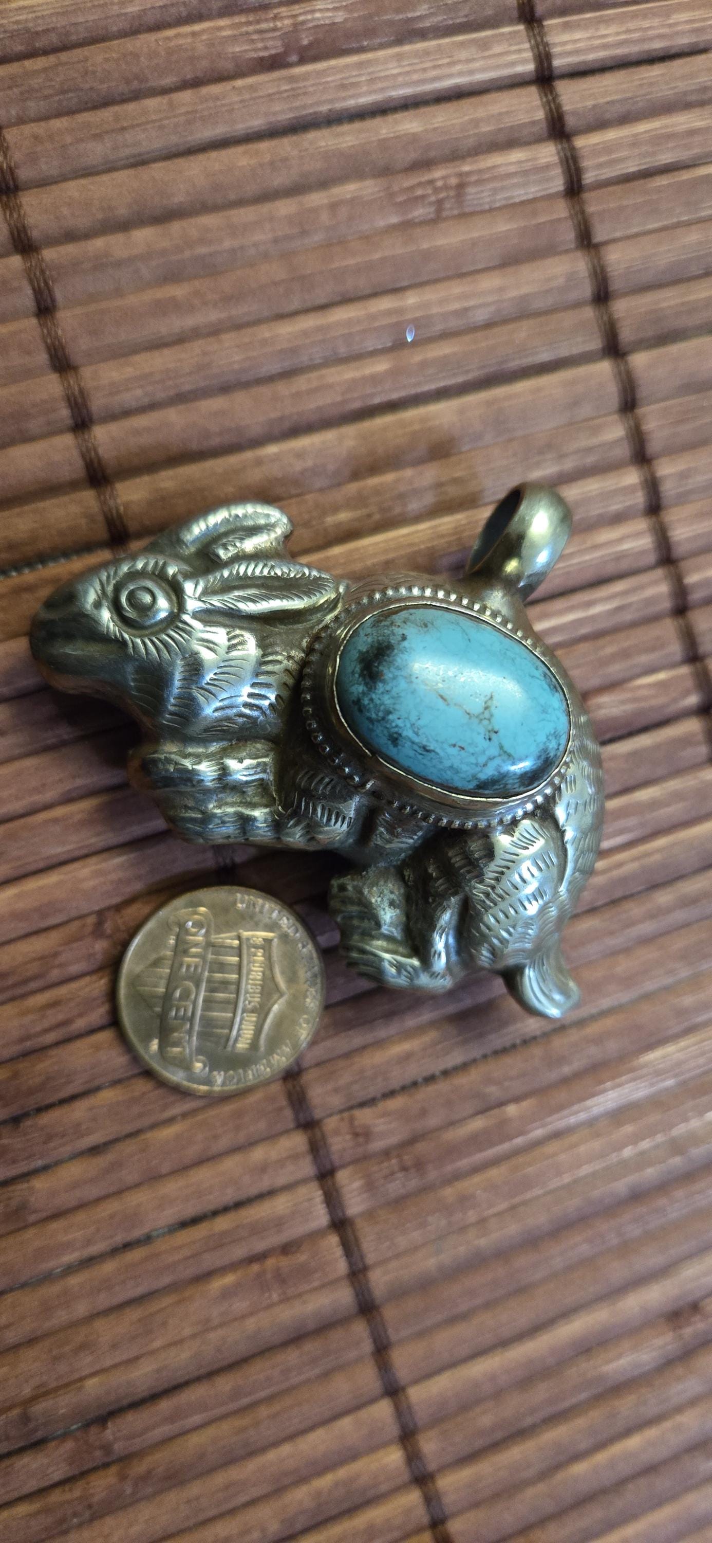 Tibetan Rabbit Pendant with turquoise Inlay | Repousse Animal Theme Jewelry | Ethnic Nepal Pendant PM438A