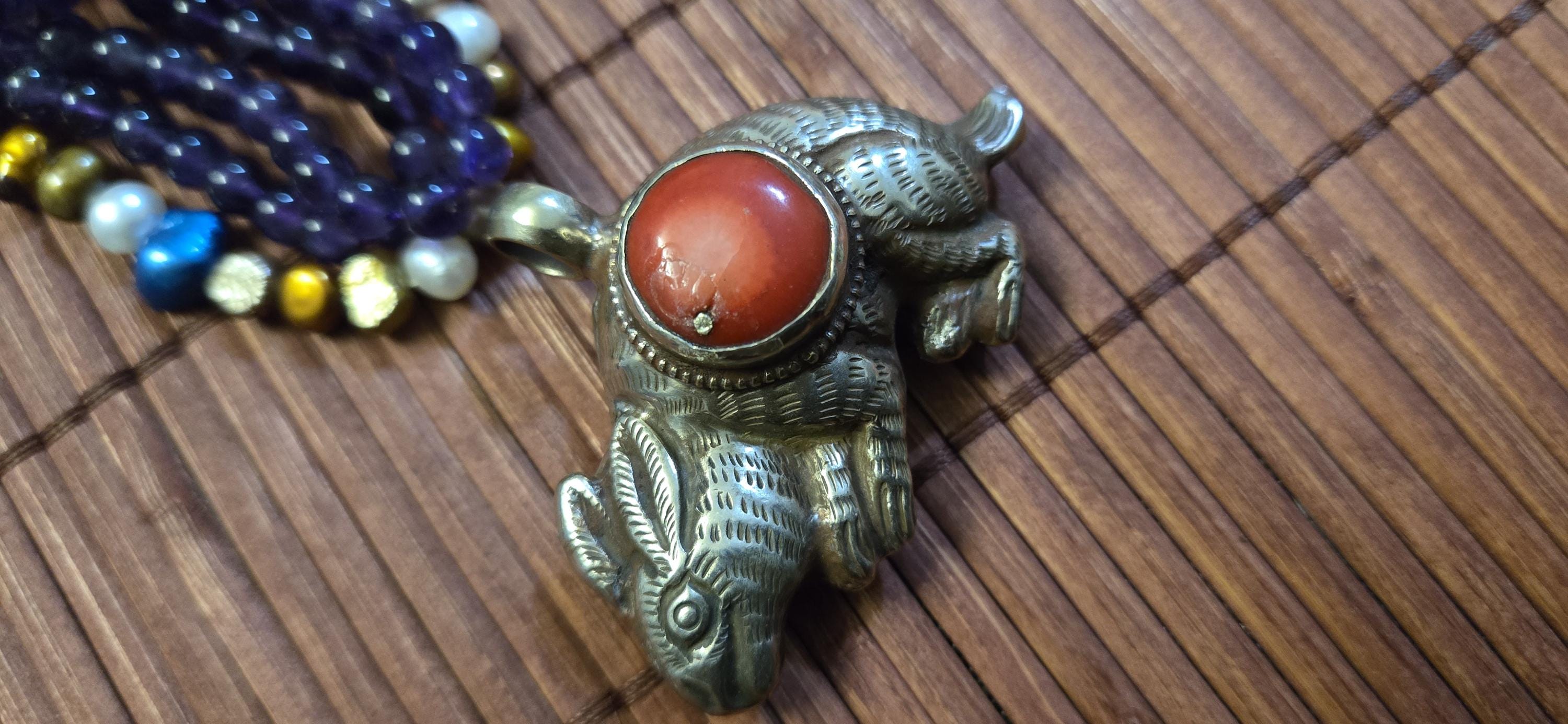 Tibetan Rabbit Pendant with coral Inlay | Repousse Animal Theme Jewelry | Ethnic Nepal Pendant PM438B